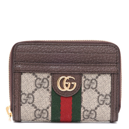 Gucci GG Supreme Monogram Textured Dollar Calfskin Web Ophidia Zip Around Card Case Wallet Beige Ebony New Acero 1 of 8