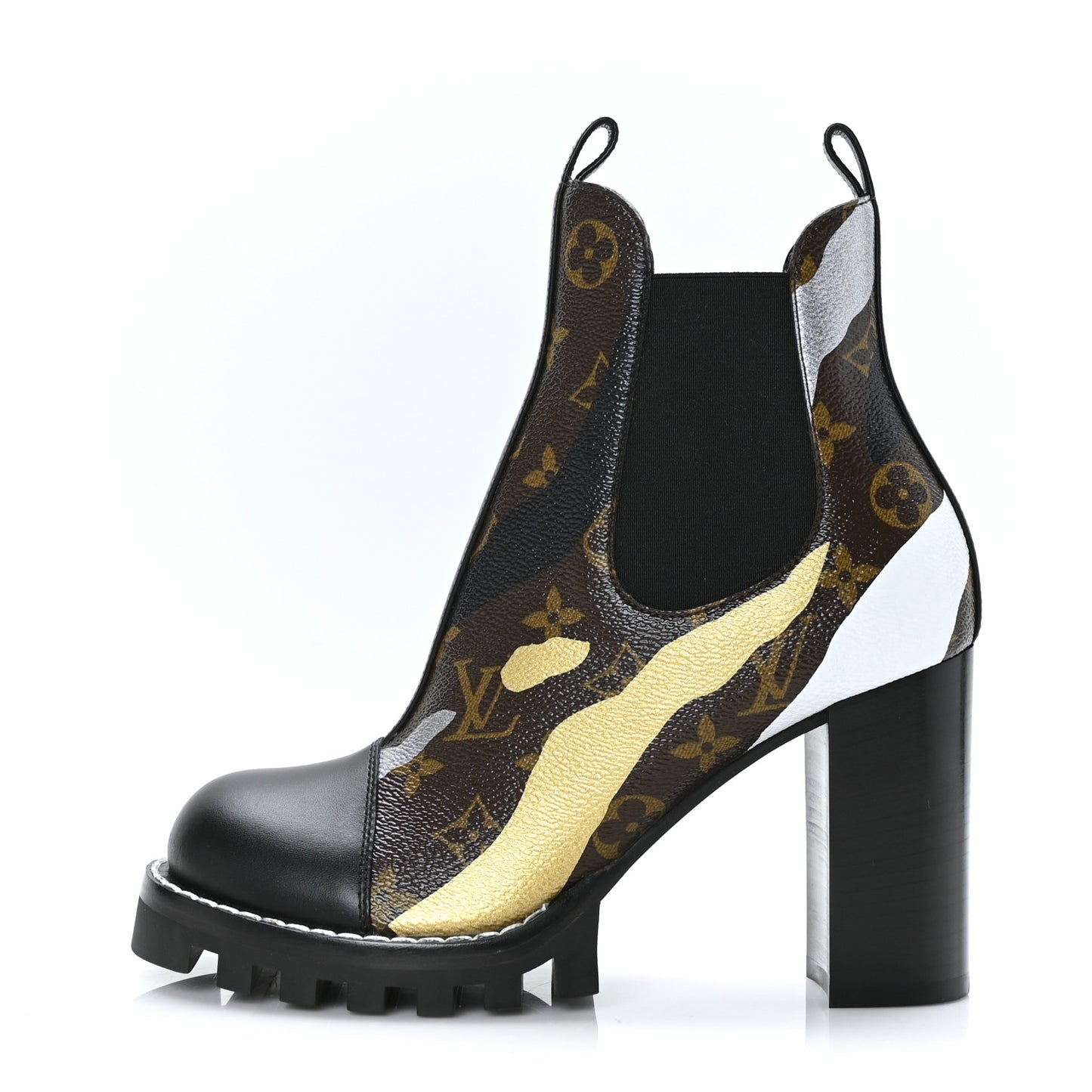 X LOL Patent Calfskin Monogram Star Trail Chelsea Ankle Boots 38 Gold Silver
