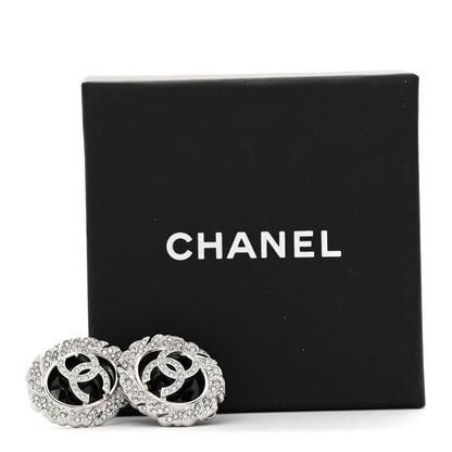 Chanel Metal Resin Crystal CC Oval Earrings Silver Black 5 of 5