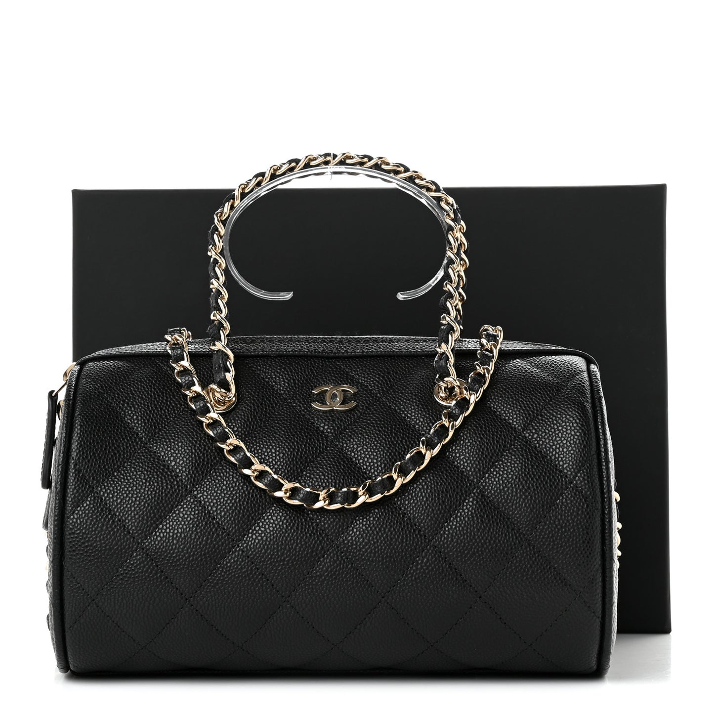 Caviar Quilted Barrel Clutch With Chain Black
