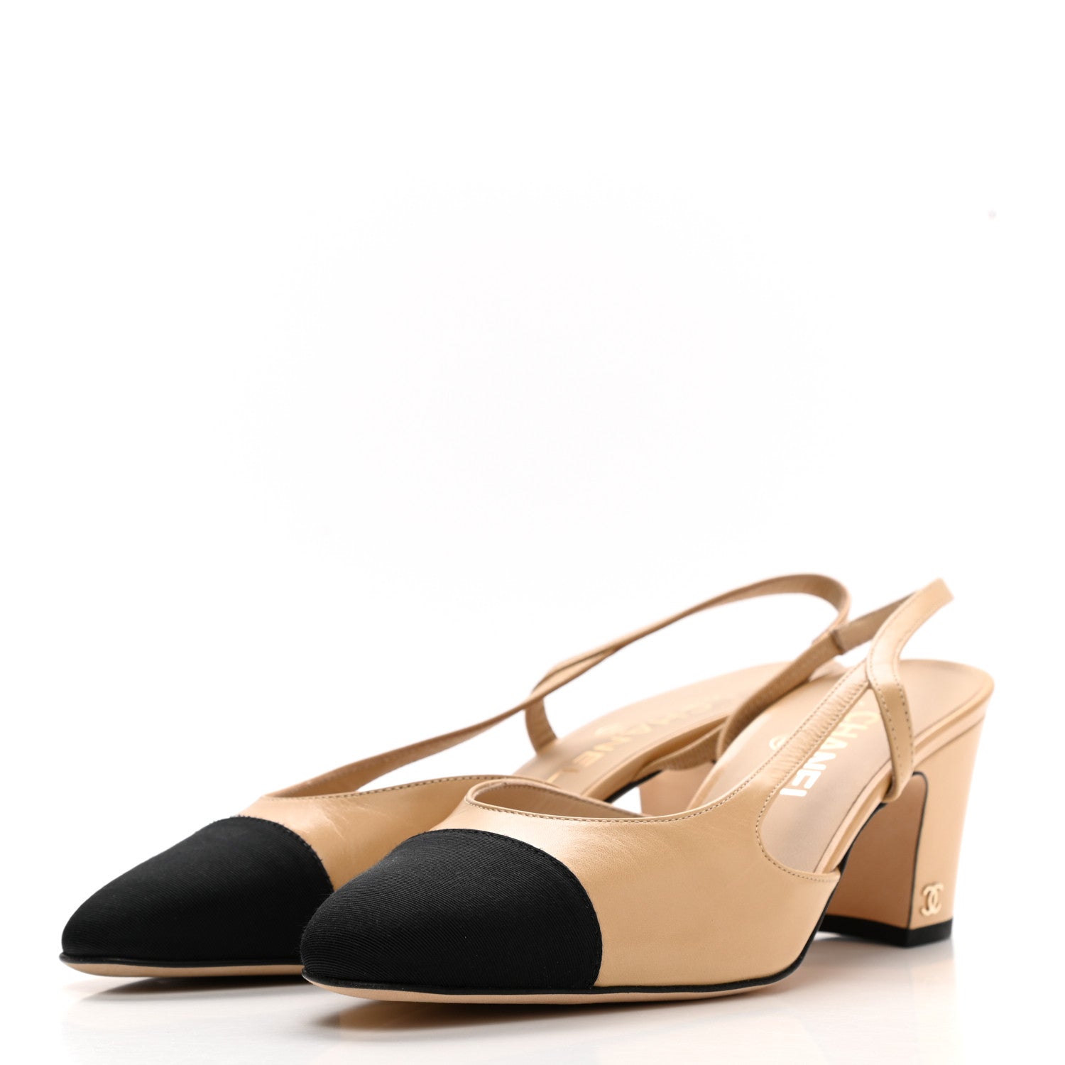 Chanel Goatskin Grosgrain Cap Toe CC Slingback Pumps 39 Beige Black 3 of 9
