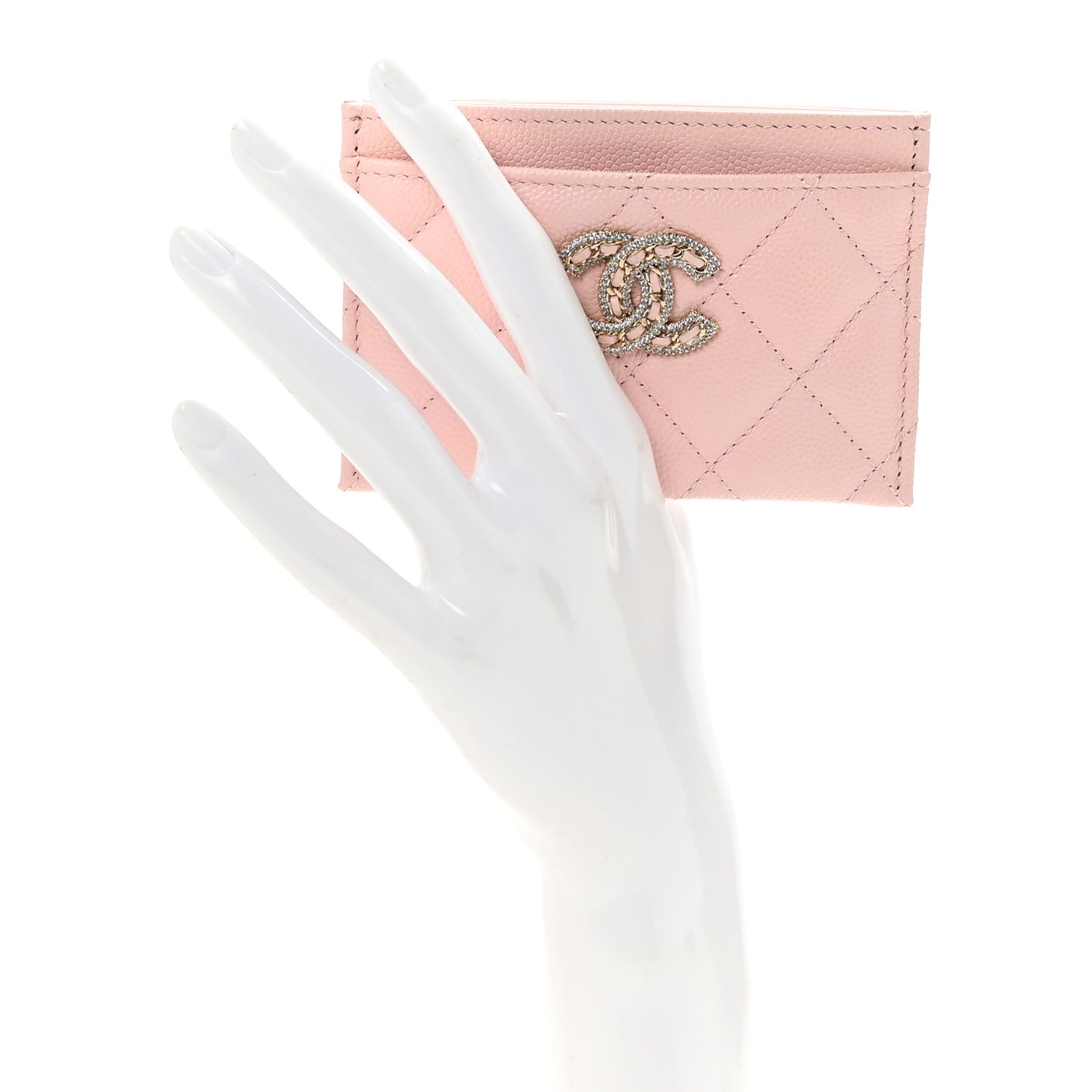 Caviar Quilted Crystal Card Holder Pink