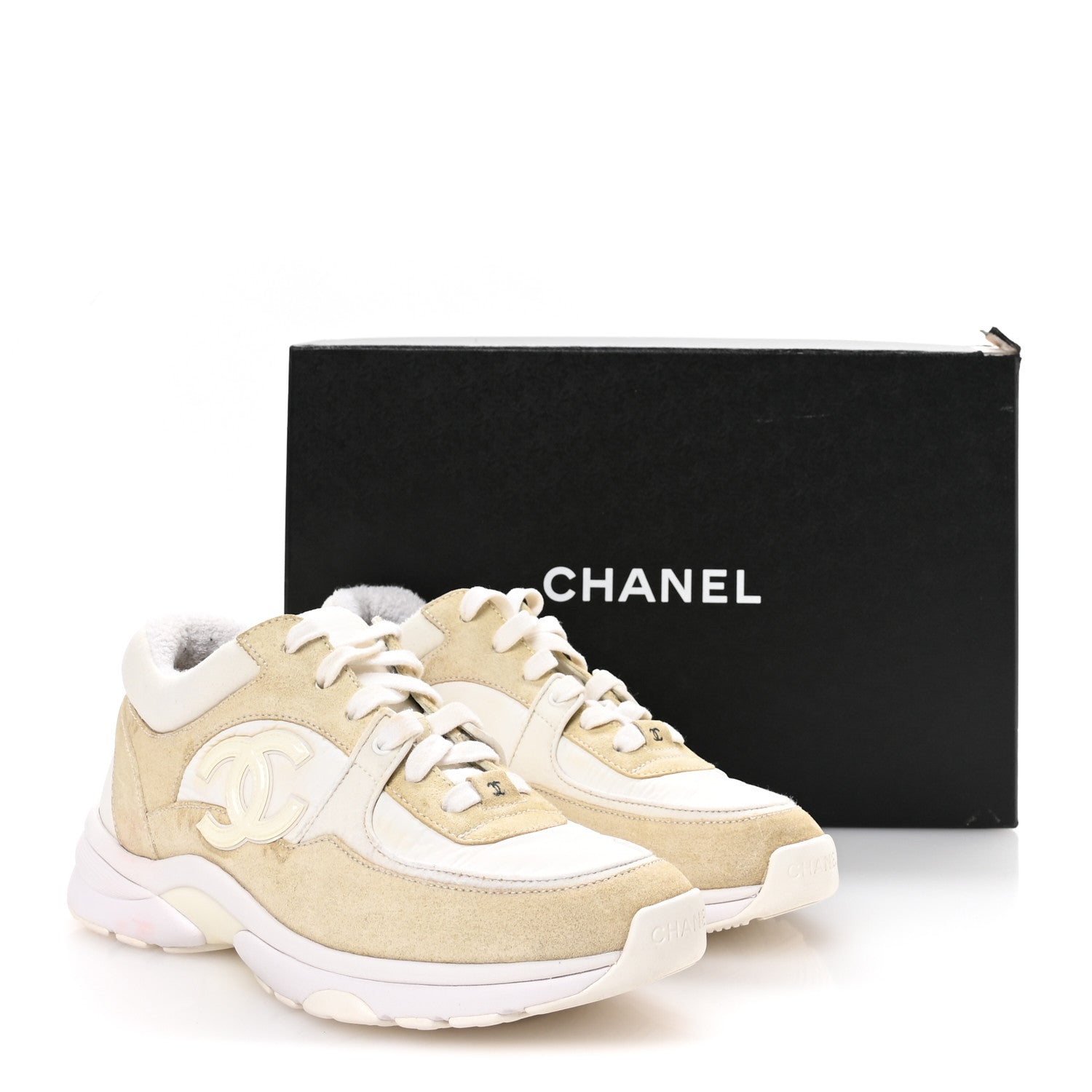 Chanel Suede Calfskin Fabric CC Sneakers 37.5 White 8 of 8