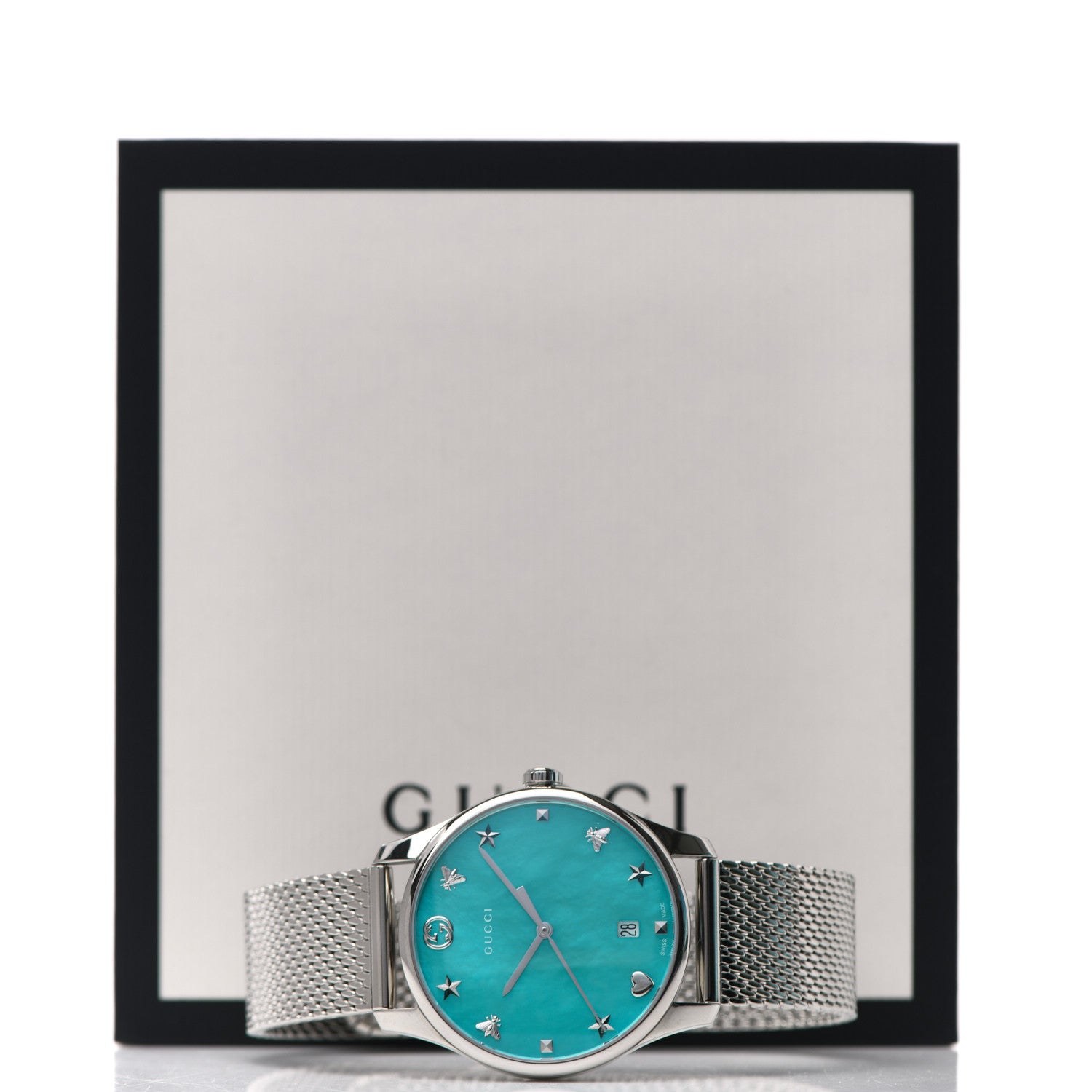 Gucci Stainless Steel Turquoise Mother of Pearl 29mm G-Timeless Charm Quartz Watch 5 of 5