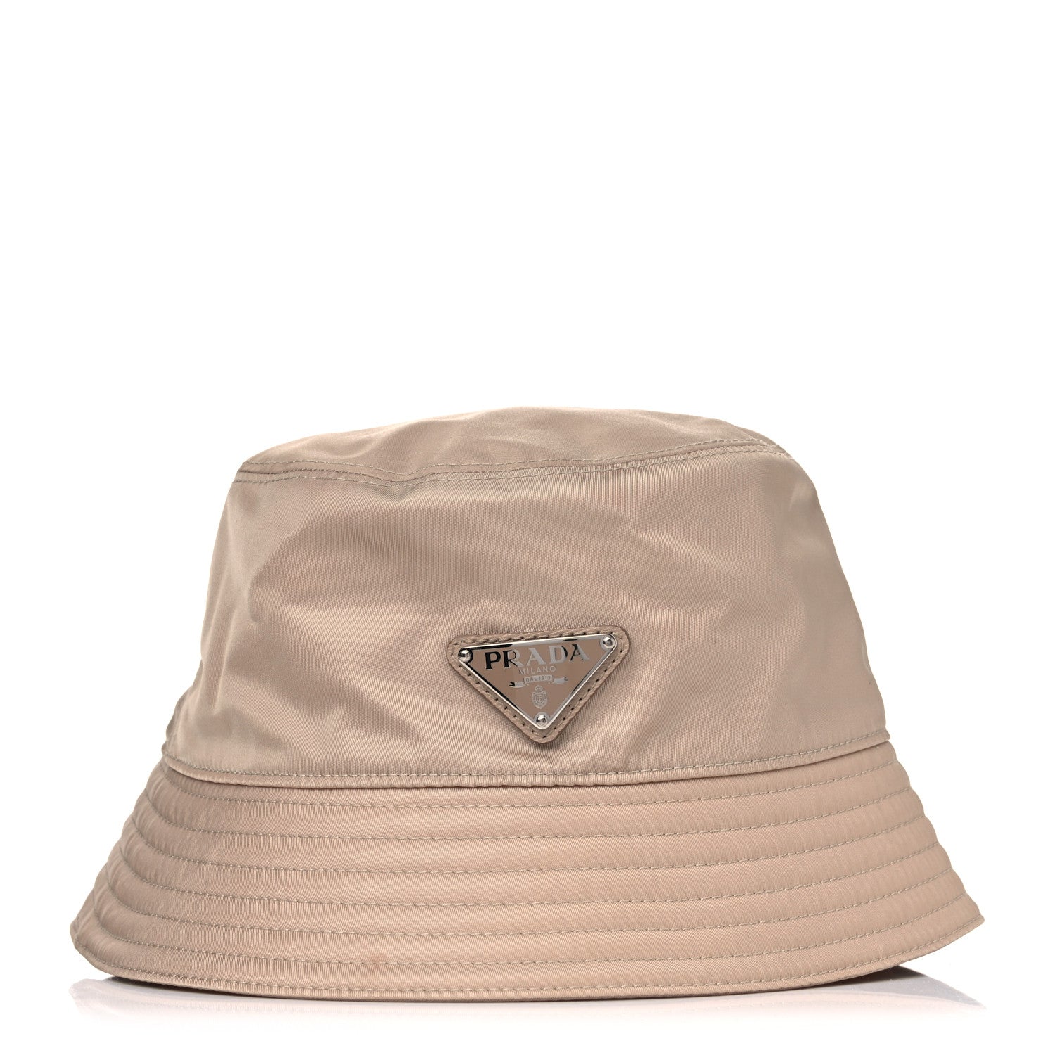 Prada Re-Nylon Metal Triangle Logo Womens Bucket Hat M Sabbia 1 of 3