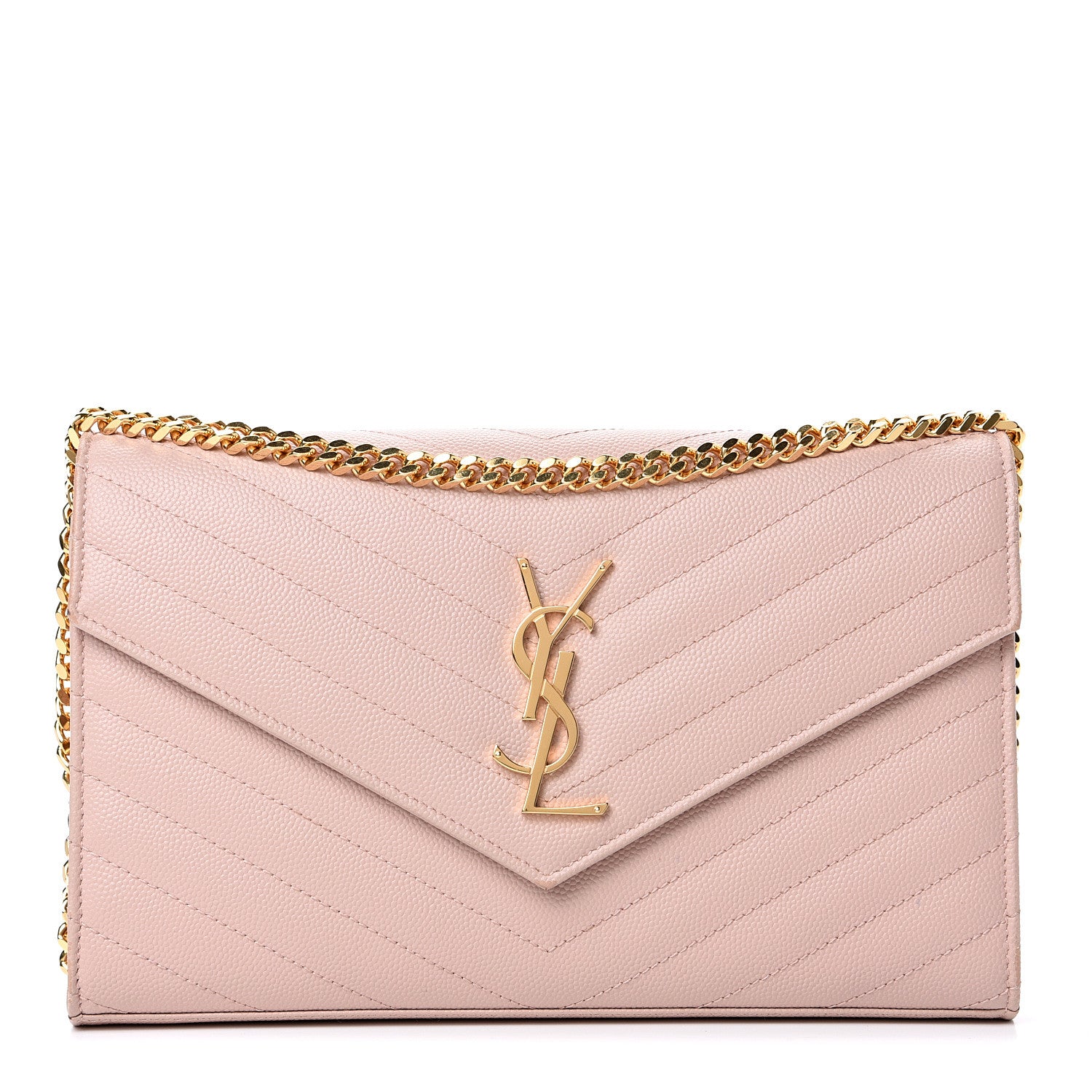 Saint Laurent Grain De Poudre Matelasse Chevron Monogram Chain Wallet Pale Blush 1 of 13
