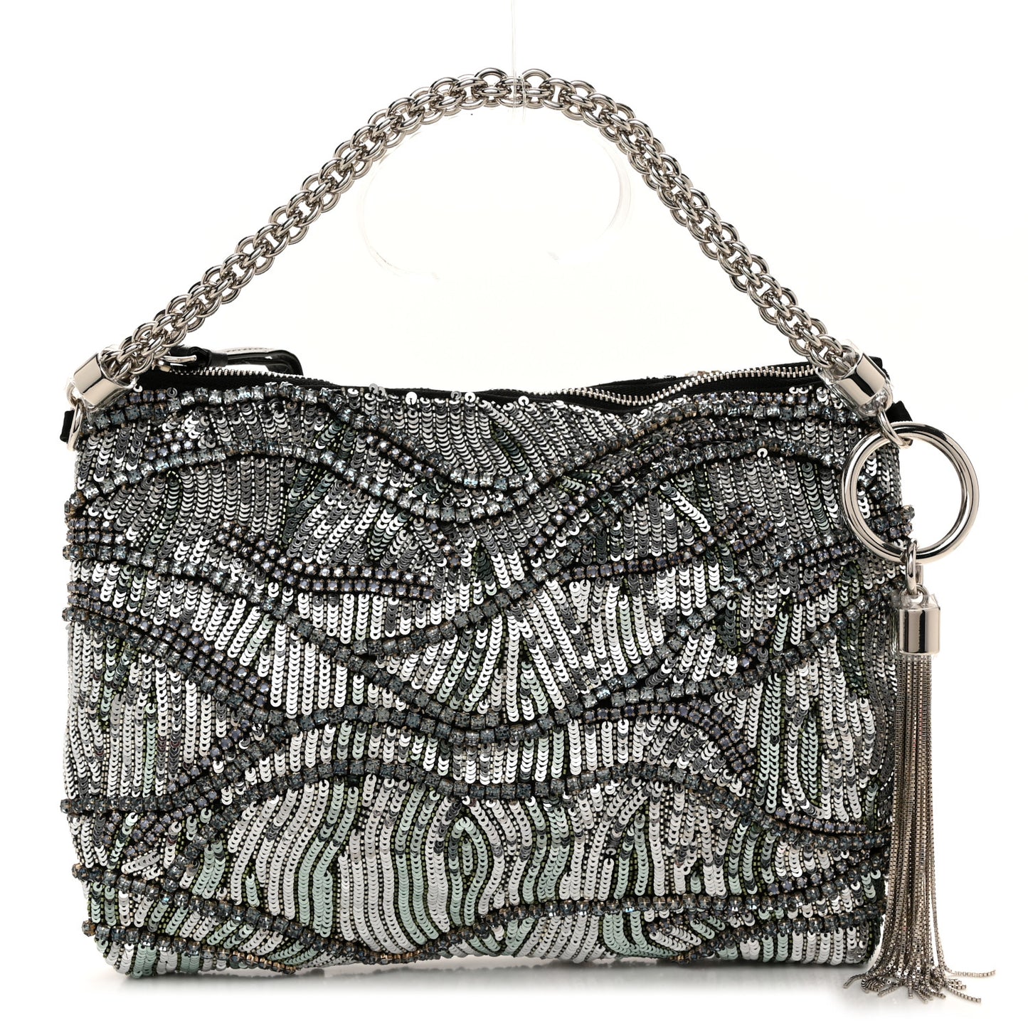 Silk Sequin Crystal Tassel Callie Clutch Black Silver Multicolor