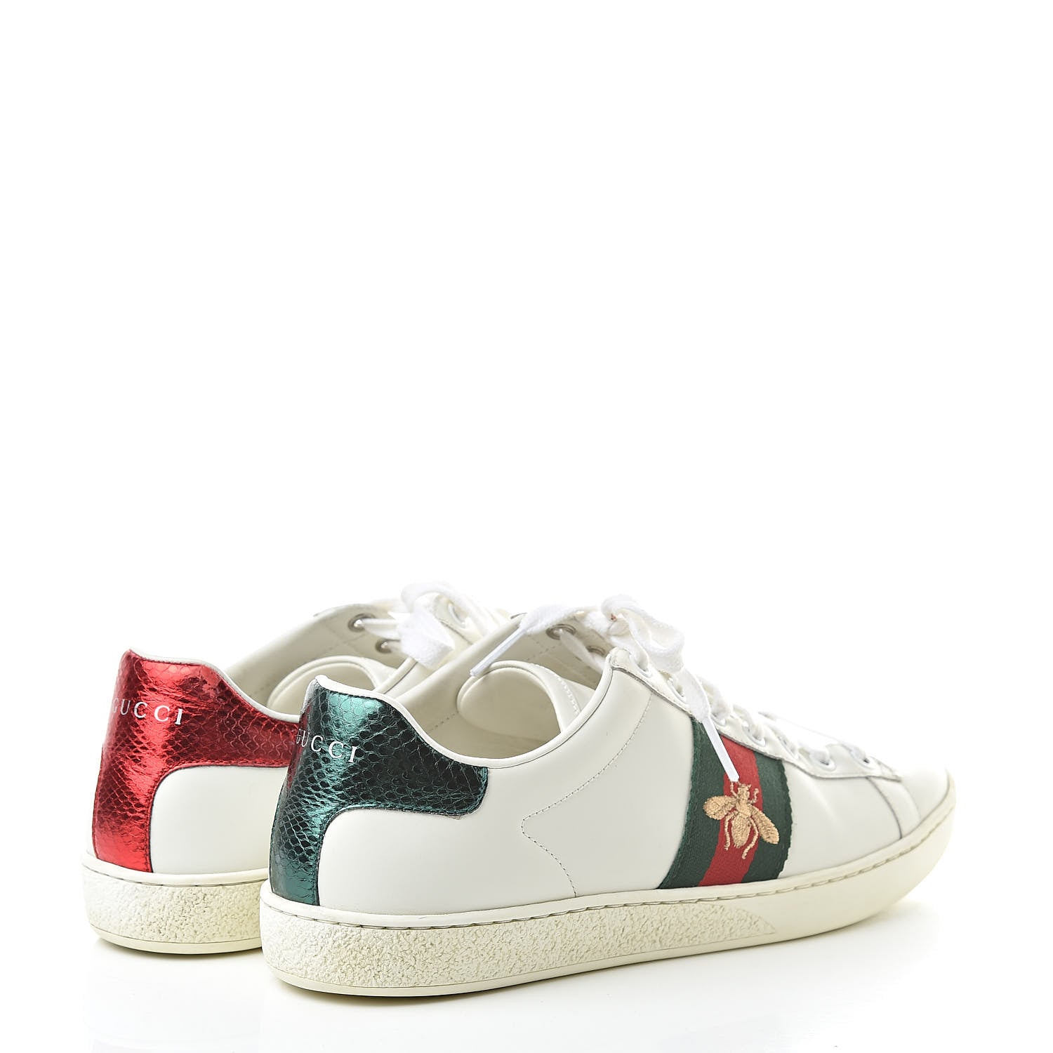 Gucci Calfskin Ayers Web Bee Embroidered Womens Ace Sneakers 38.5 White Green 4 of 14