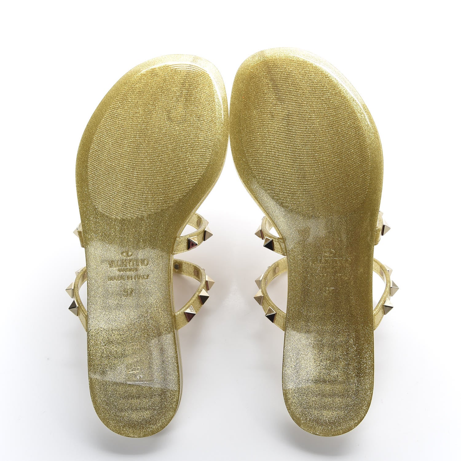 Valentino Garavani PVC Jelly Glitter Rockstud Caged Flat Thong Sandals 37 Oro 5 of 9