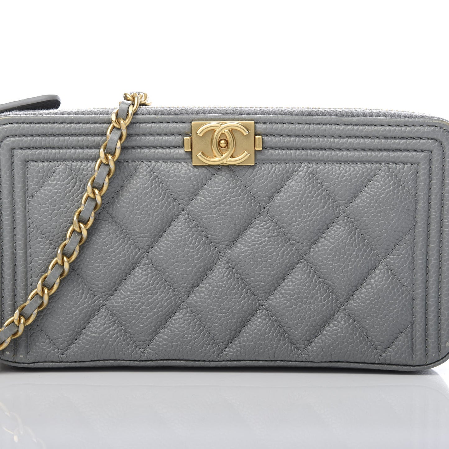 Caviar Quilted Small Boy Clutch With Chain Grey