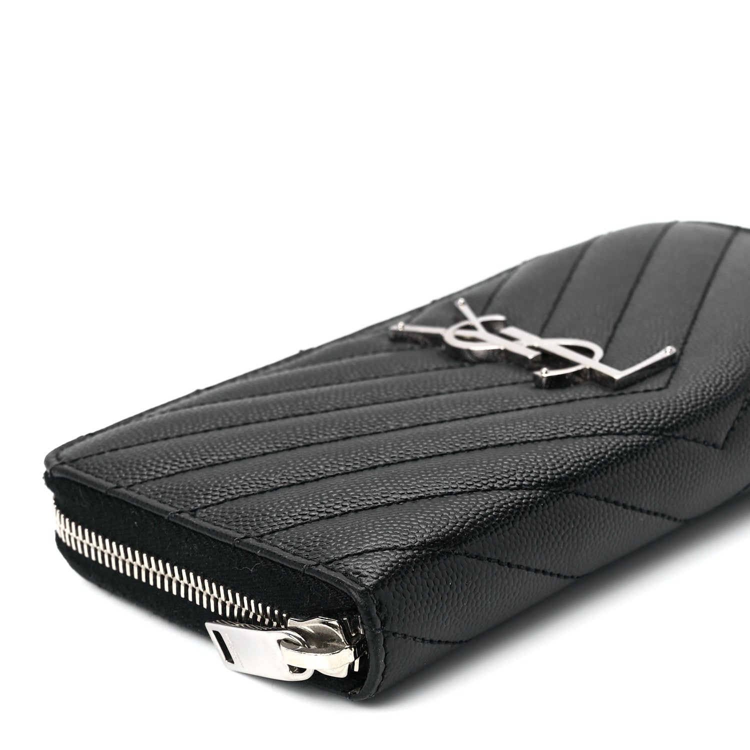 Saint Laurent Grain De Poudre Matelasse Chevron Monogram Zip Around Wallet Black 9 of 10