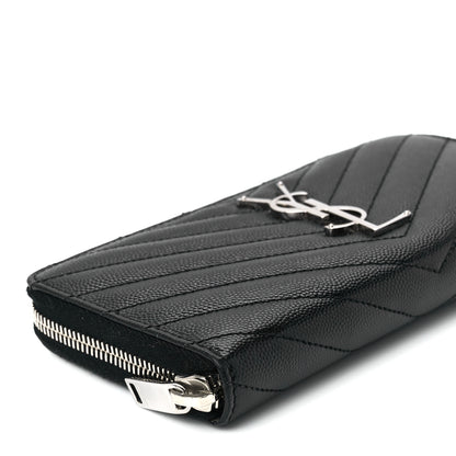 Saint Laurent Grain De Poudre Matelasse Chevron Monogram Zip Around Wallet Black 9 of 10