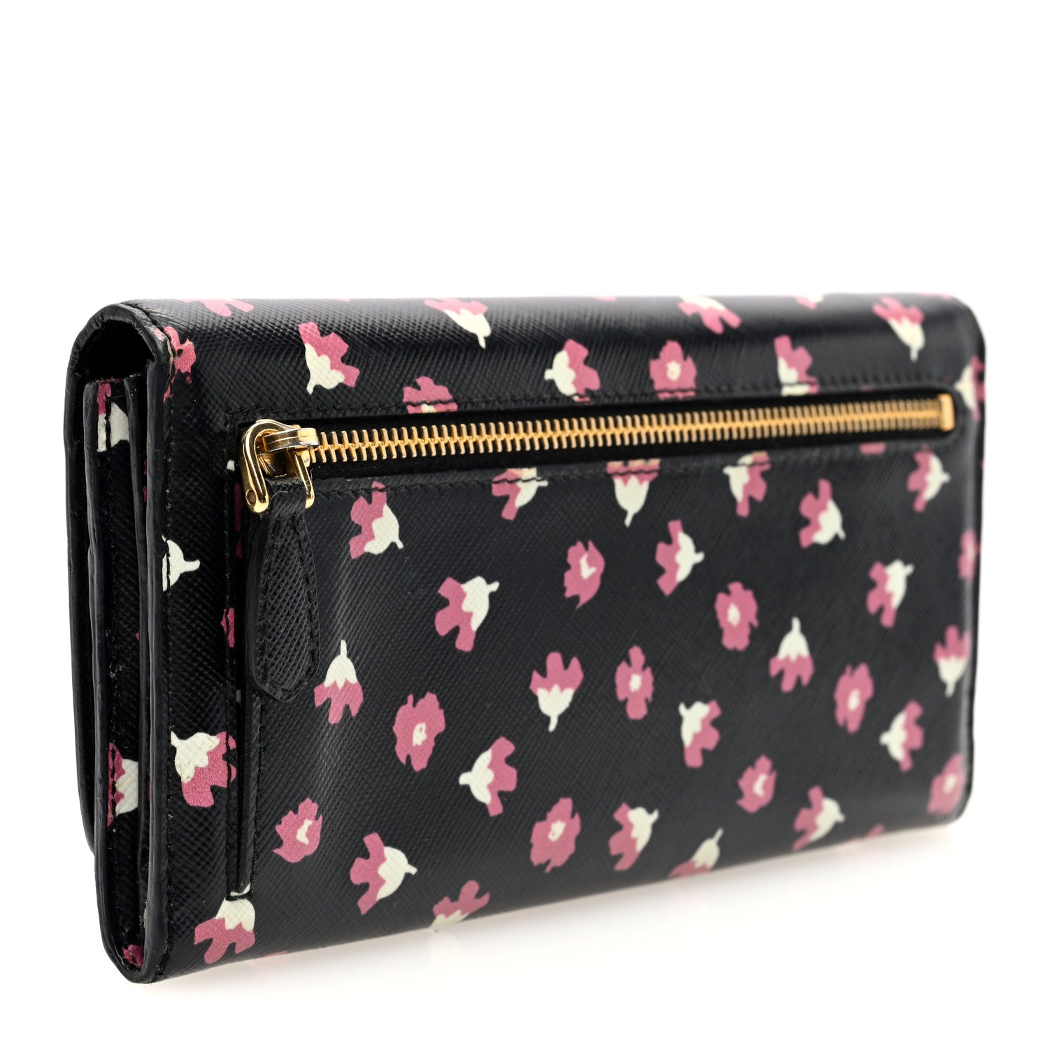 Prada Saffiano Floral Print Continental Flap Travel Wallet Black 4 of 8
