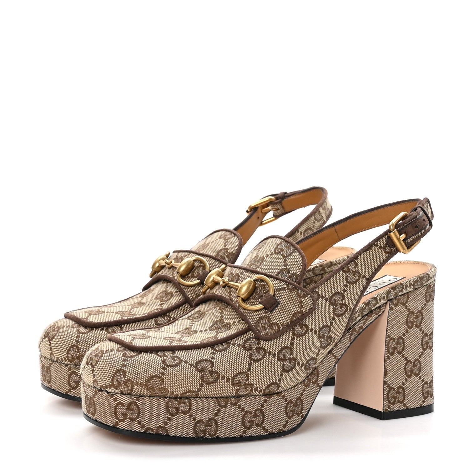 Gucci Monogram Kid Scamosciato Horsebit Platform 25/85mm Slingback Mules 39 Beige Ebony New Acero 3 of 9