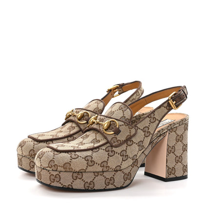 Gucci Monogram Kid Scamosciato Horsebit Platform 25/85mm Slingback Mules 39 Beige Ebony New Acero 3 of 9