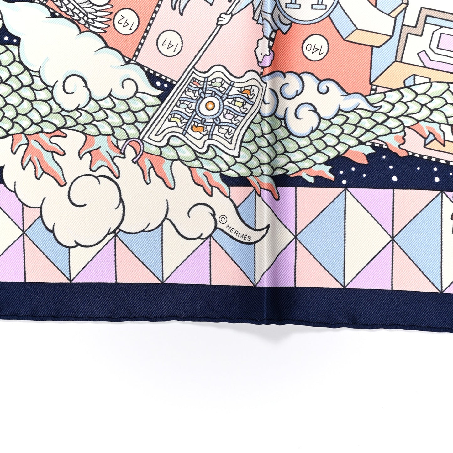 Silk L'Epopee D' Hermes Detail Scarf 70 Marine Fonce Saumon