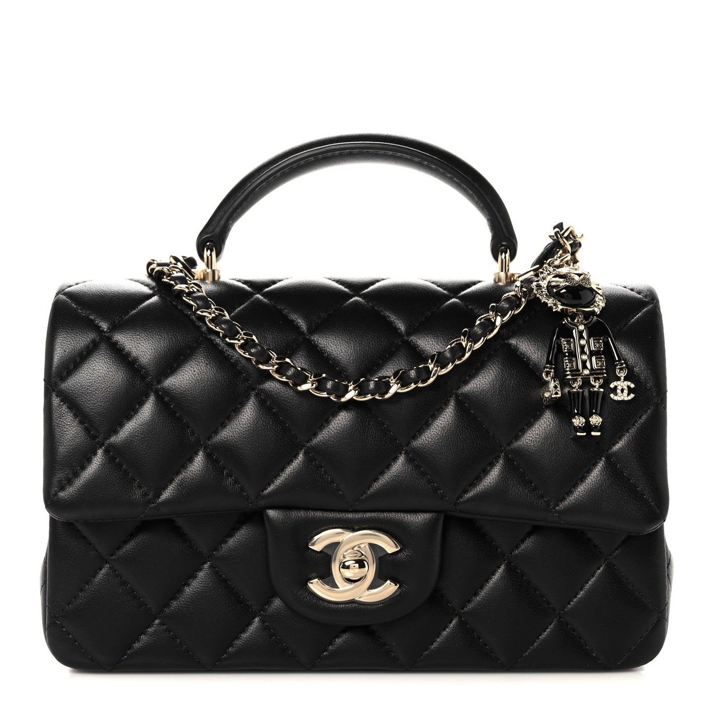Lambskin Quilted Mini Lion Charm Top Handle Rectangular Flap Black
