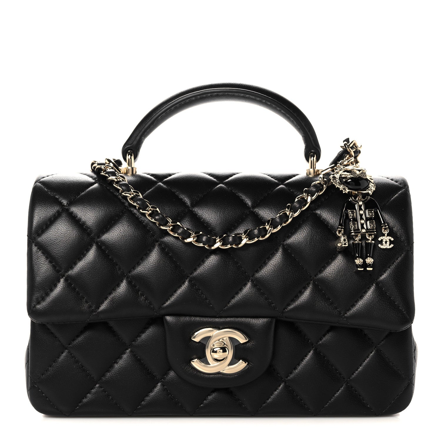 Chanel Lambskin Quilted Mini Lion Charm Top Handle Rectangular Flap Black 1 of 11