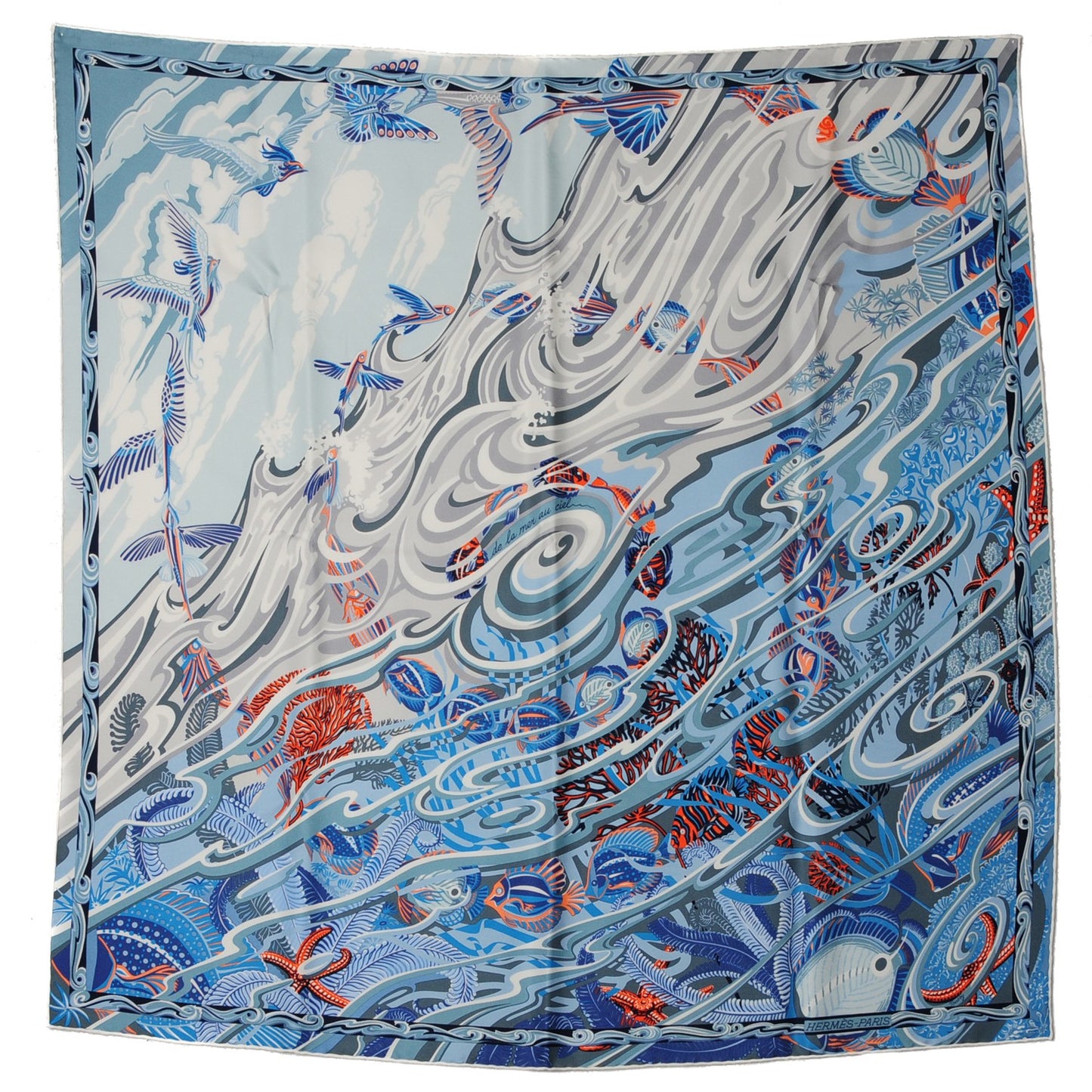 Silk De la Mer Au Ciel Scarf 90 Blue Jean Ceil Corail