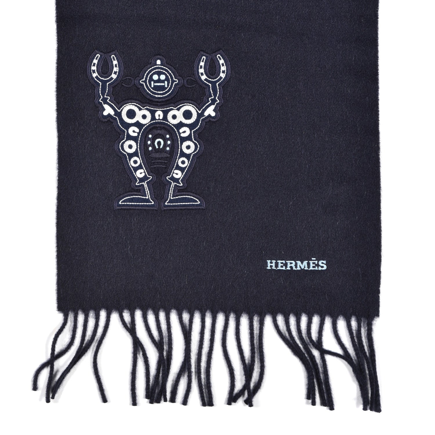 Hermes Cashmere Mr Farrier Patch Detail Muffler Marine 3 of 4