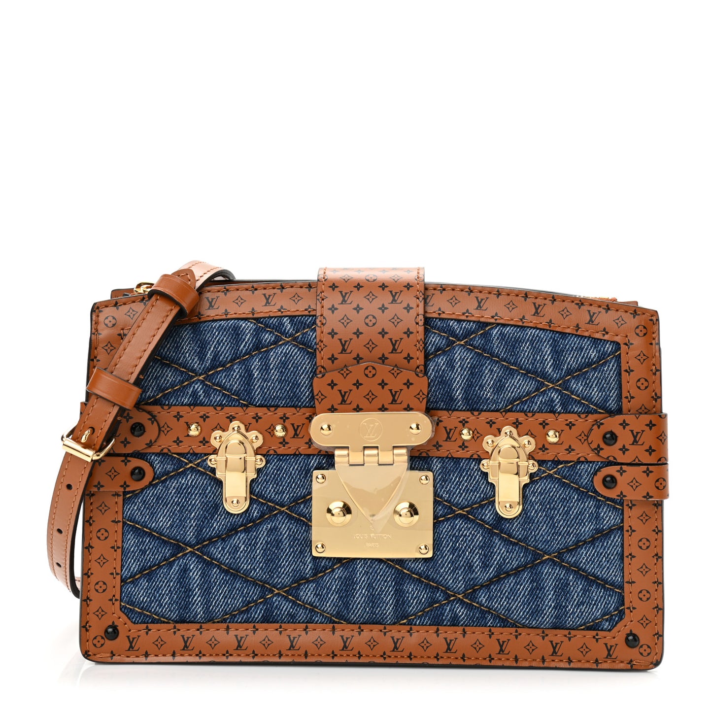 Denim Calfskin Malletage Trunk Clutch Light Blue