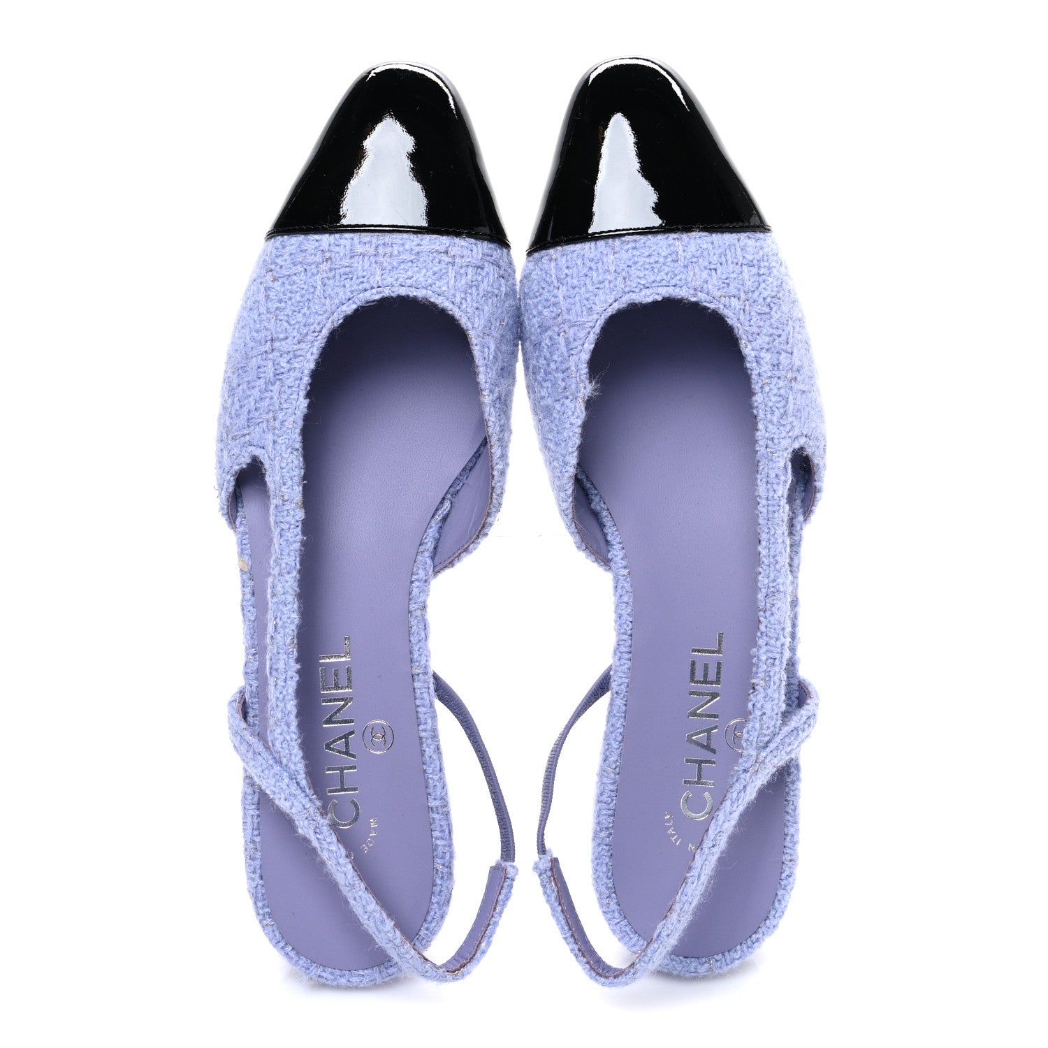 Chanel Iridescent Wool Tweed Patent Cap Toe CC Slingback Flats 40 Light Purple Silver Black 2 of 10