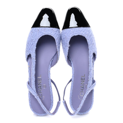 Chanel Iridescent Wool Tweed Patent Cap Toe CC Slingback Flats 40 Light Purple Silver Black 2 of 10