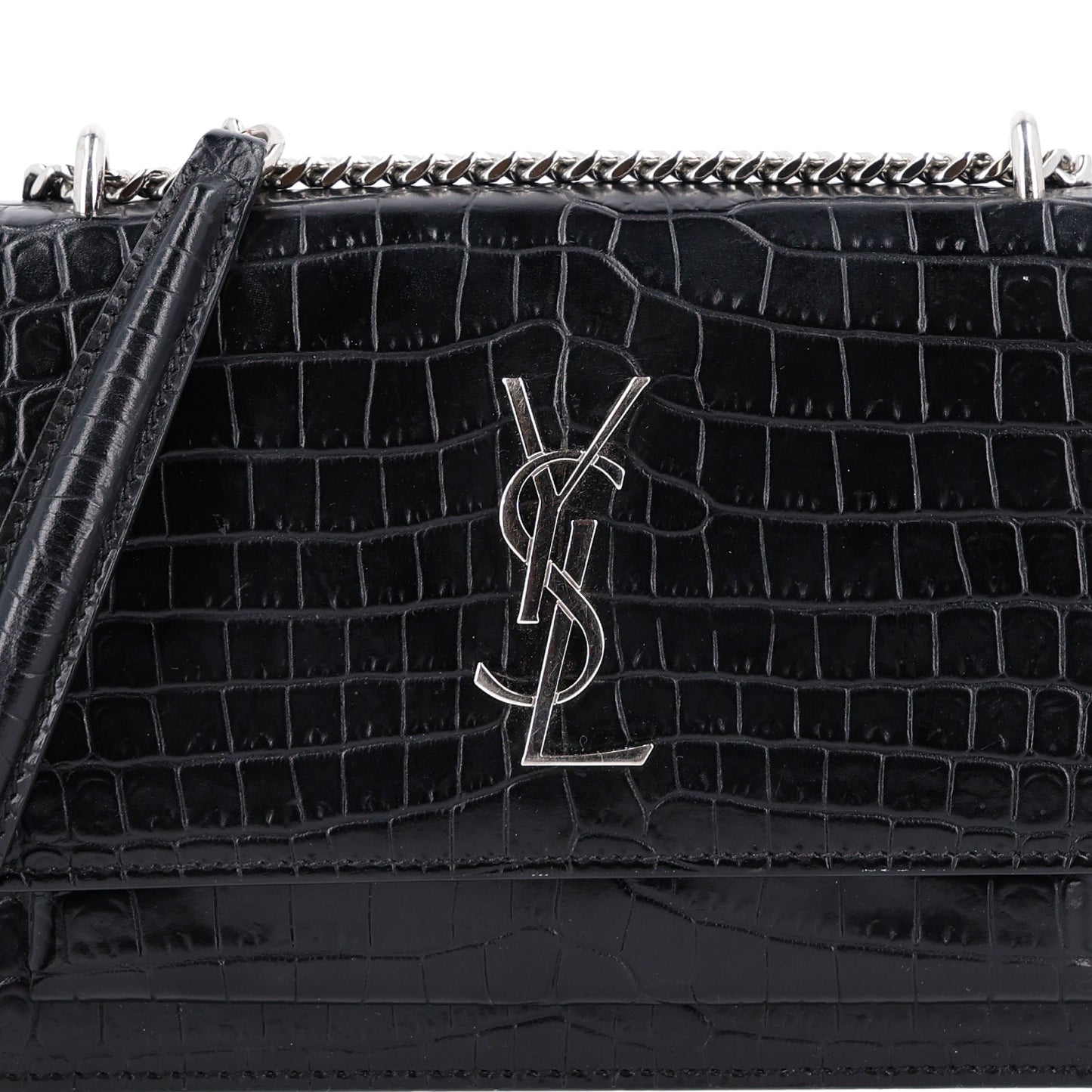 Calfskin Crocodile Embossed Monogram Sunset Chain Wallet Black