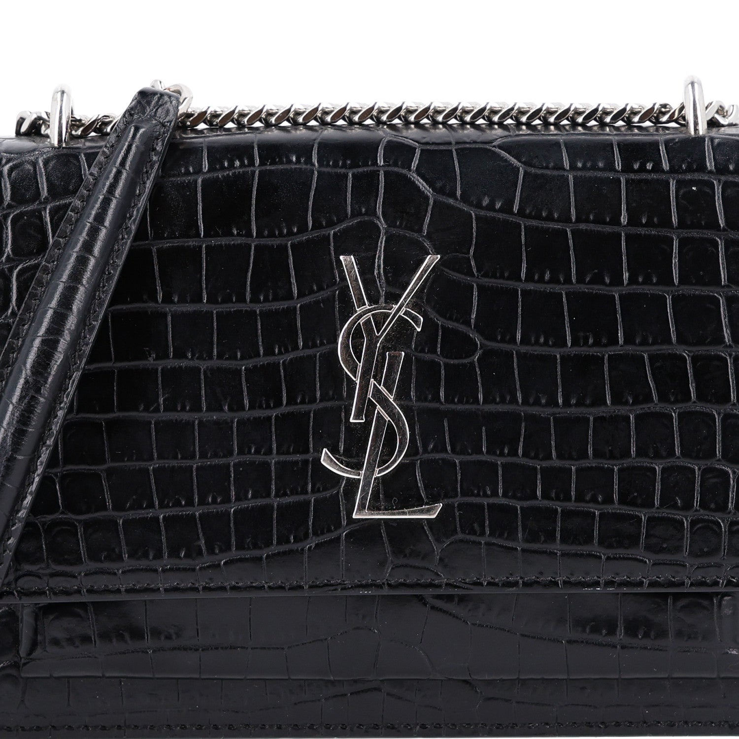 Saint Laurent Calfskin Crocodile Embossed Monogram Sunset Chain Wallet Black 9 of 11