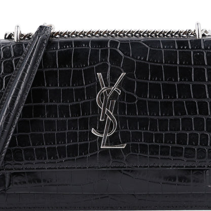 Saint Laurent Calfskin Crocodile Embossed Monogram Sunset Chain Wallet Black 9 of 11