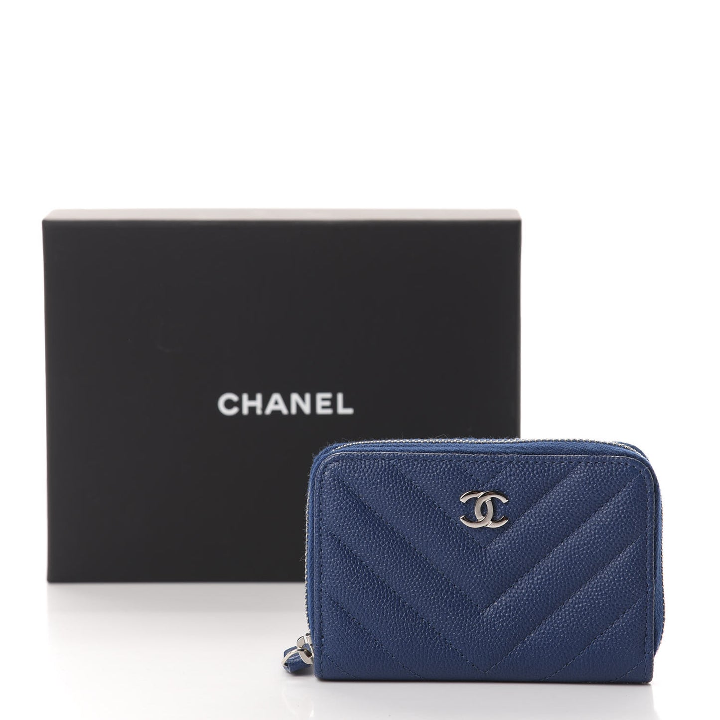 Caviar Chevron Quilted Zip Coin Purse Blue