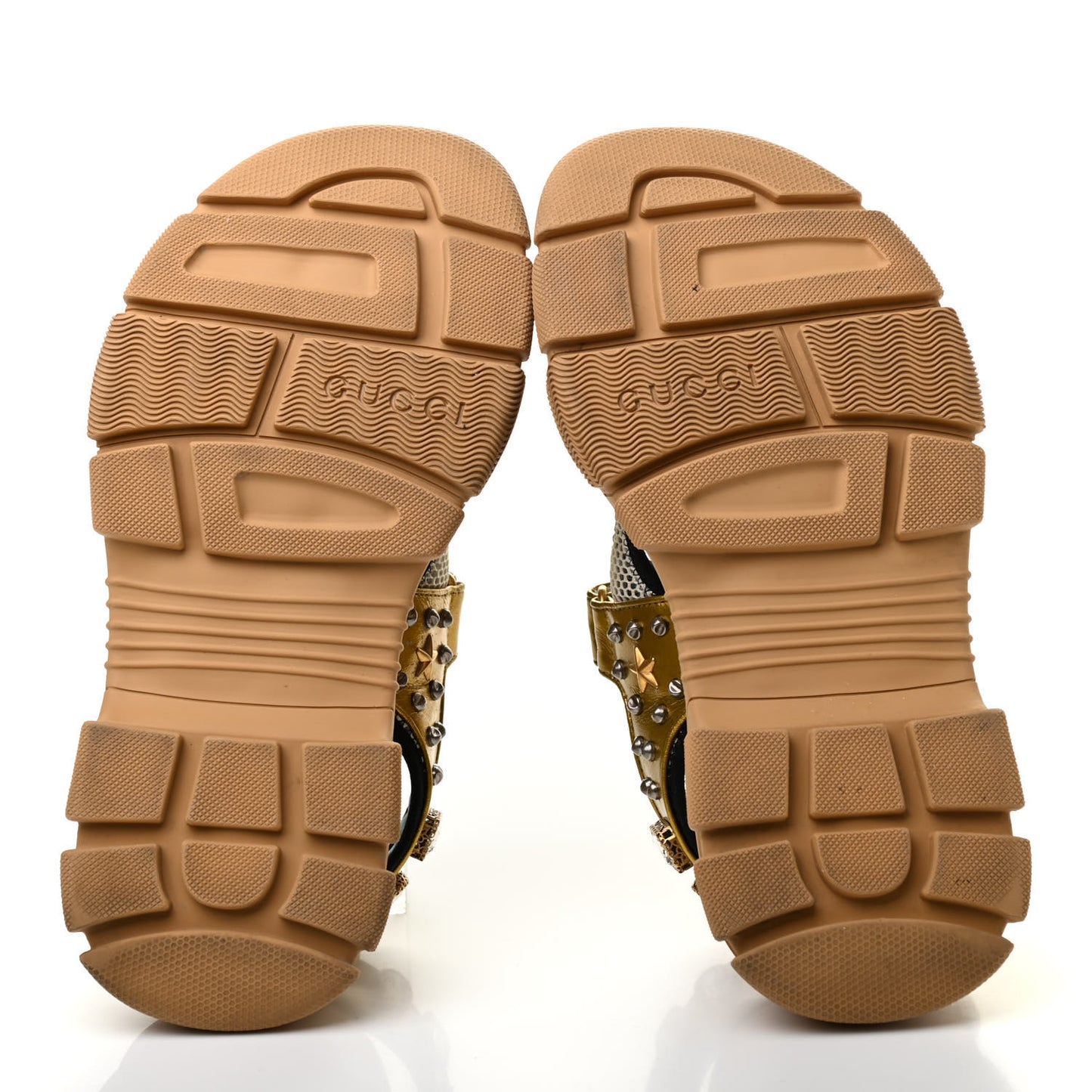 Silk Calfskin Mesh Crystal Embellished Studded Womens Aguru Sandals 40 Gold