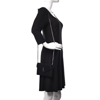 Saint Laurent Satin Chevron Monogram Envelope Chain Wallet Black 2 of 9