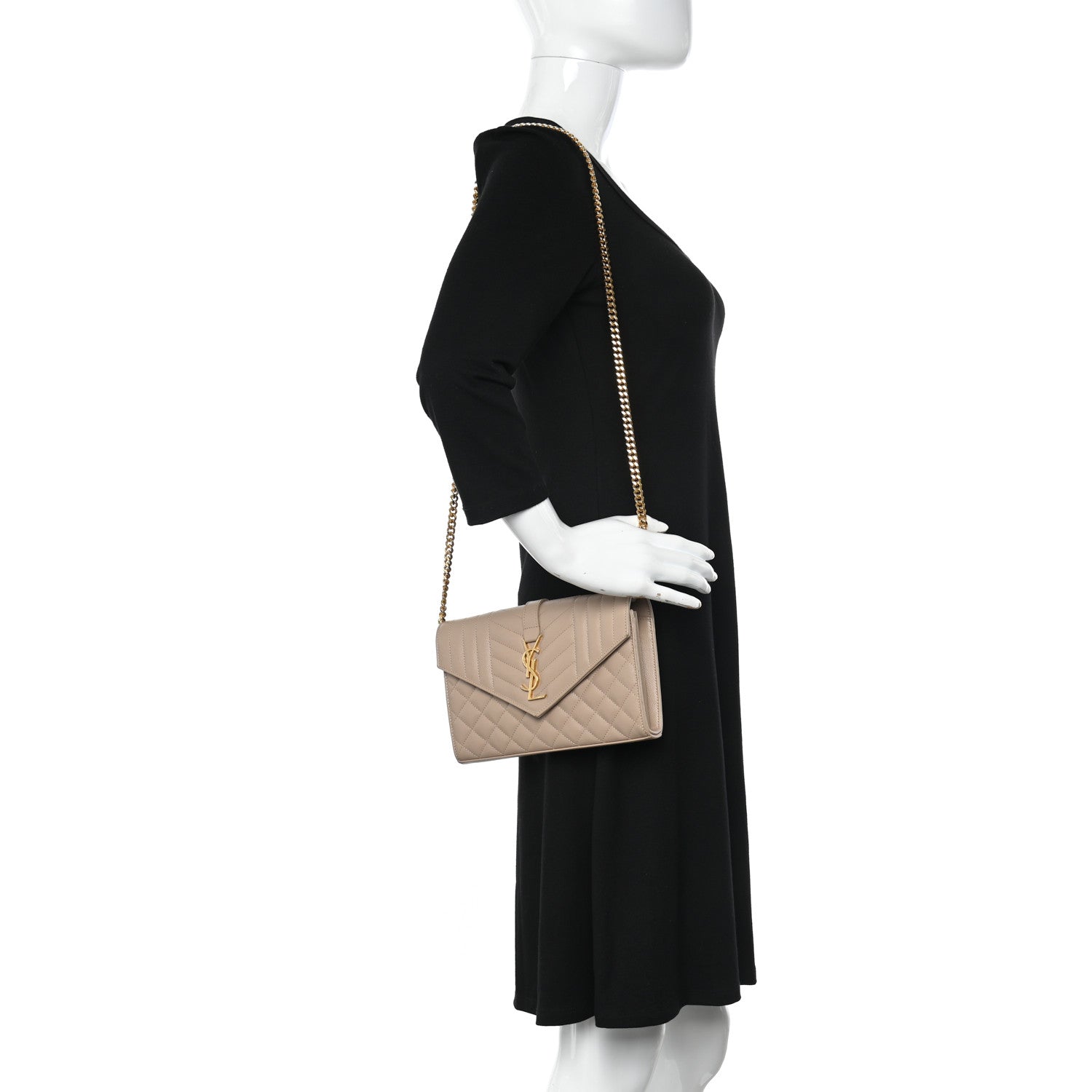 Saint Laurent Grain De Poudre Mixed Matelasse Triquilt Monogram Chain Wallet Dark Beige 2 of 11