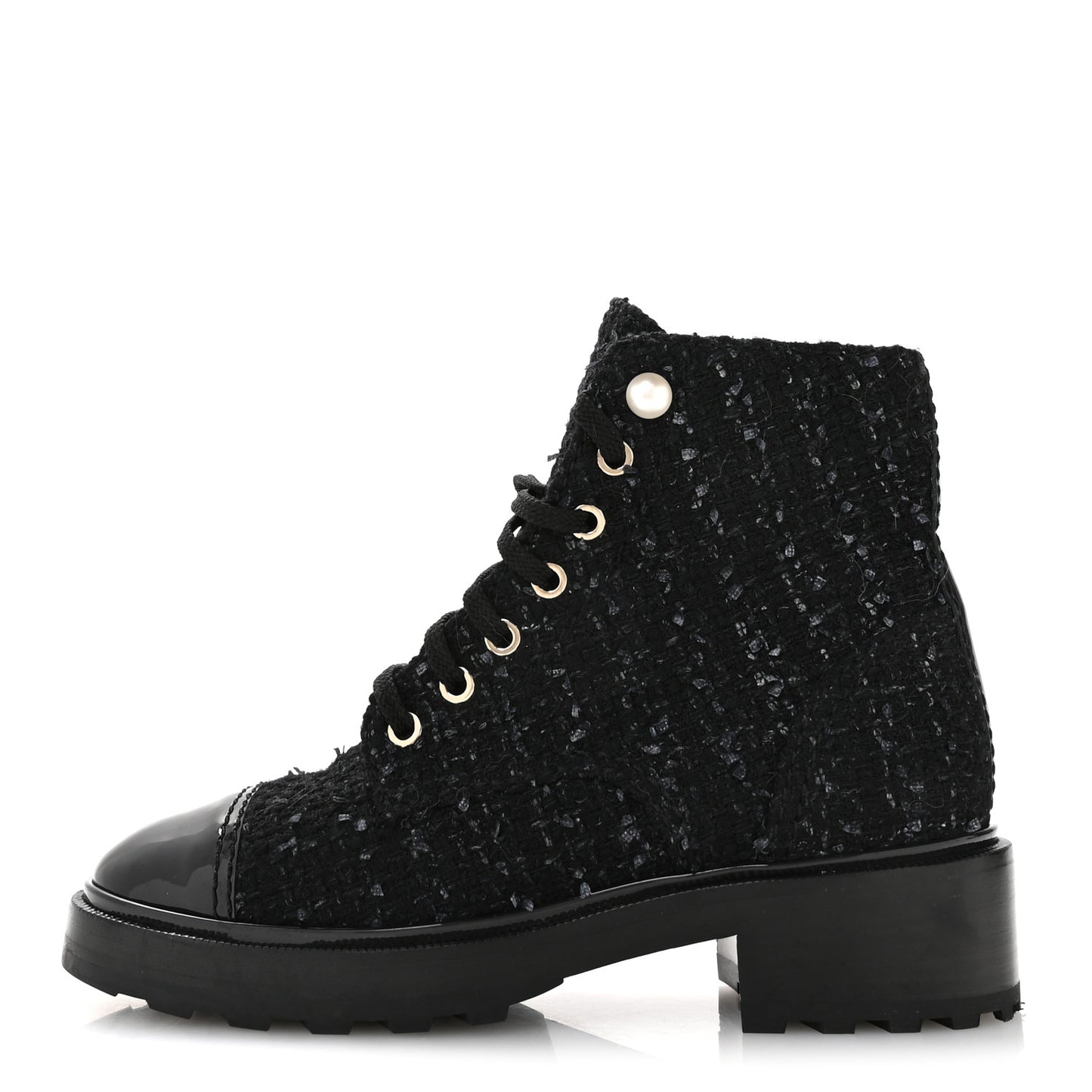 Tweed Patent Calfskin Pearl Combat Short Boots 37  Black Grey Blue