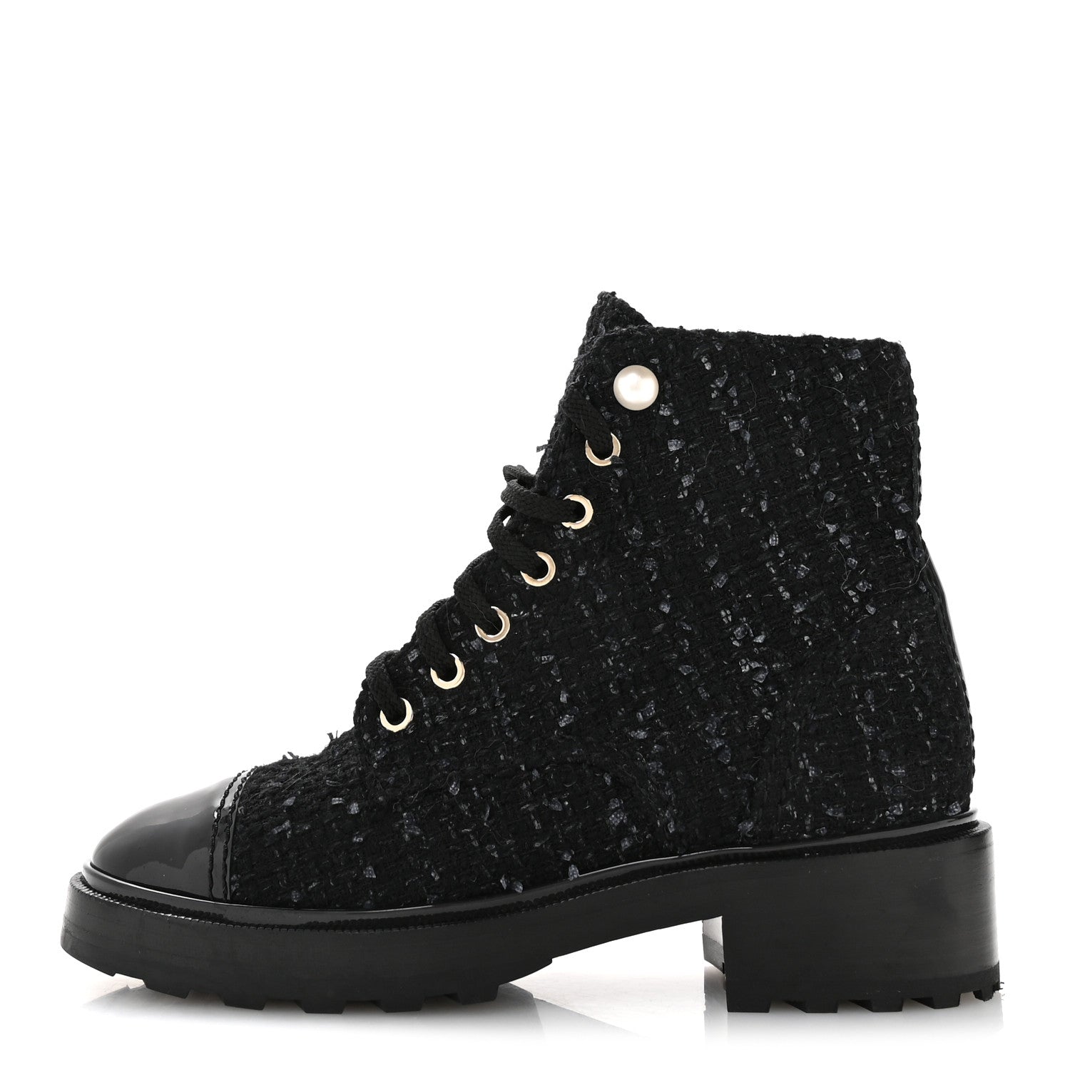 Chanel Tweed Patent Calfskin Pearl Combat Short Boots 37  Black Grey Blue 1 of 8