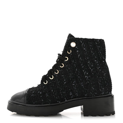 Chanel Tweed Patent Calfskin Pearl Combat Short Boots 37  Black Grey Blue 1 of 8