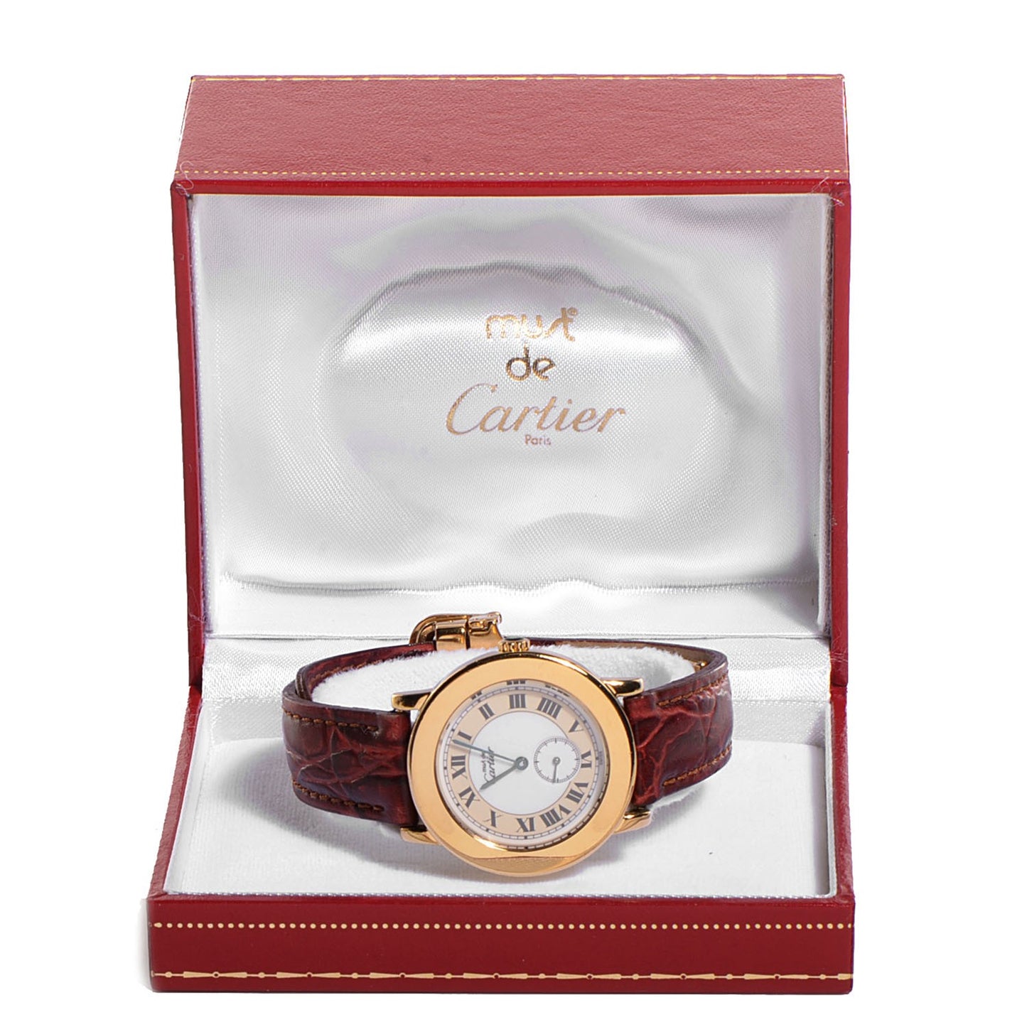 Sterling Silver Vermeil Alligator 33mm Must De Cartier Quartz Watch Burgundy
