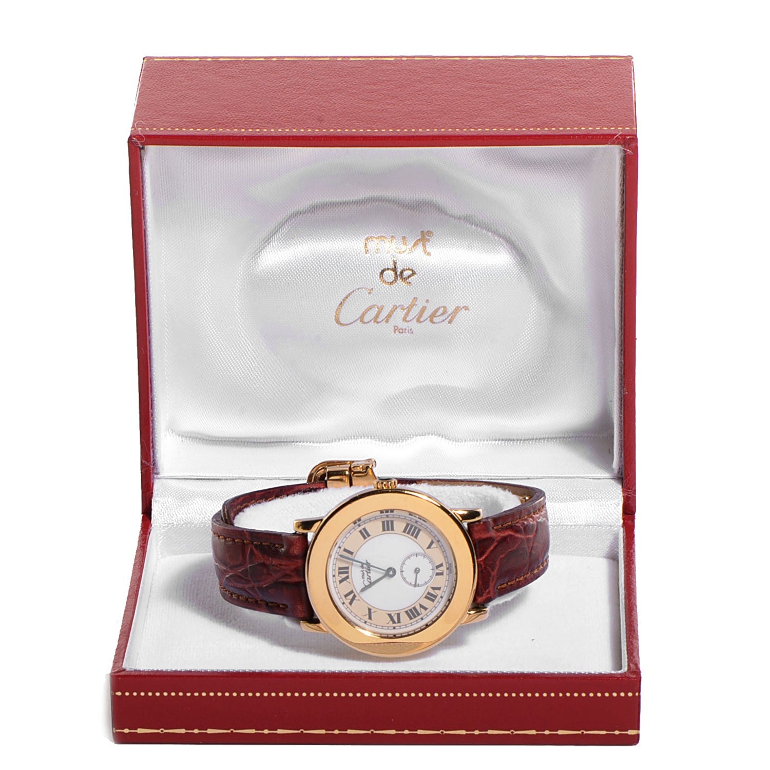 Cartier Sterling Silver Vermeil Alligator 33mm Must De Cartier Quartz Watch Burgundy 6 of 9