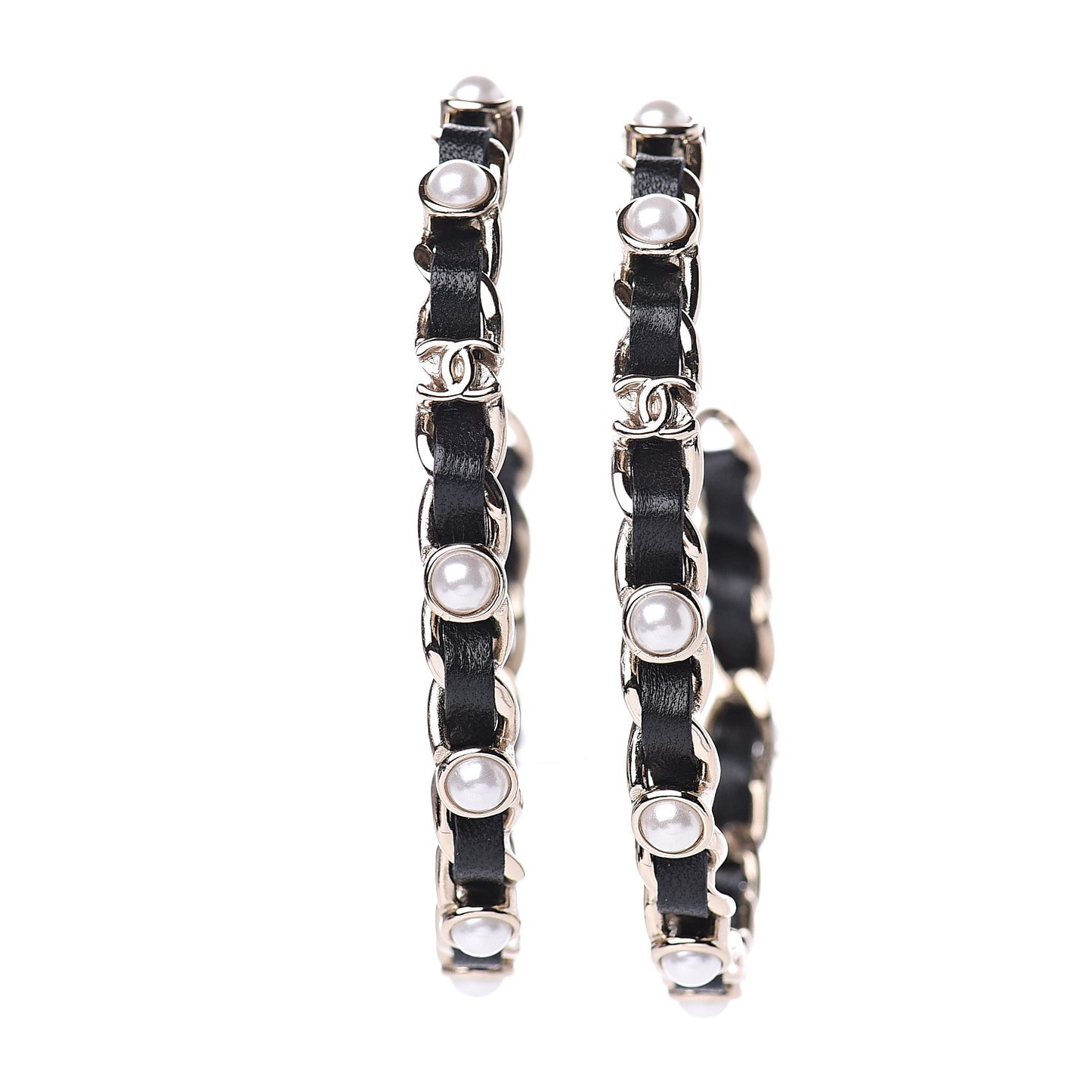 Lambskin Pearl CC Chain Hoop Earrings Gold Black