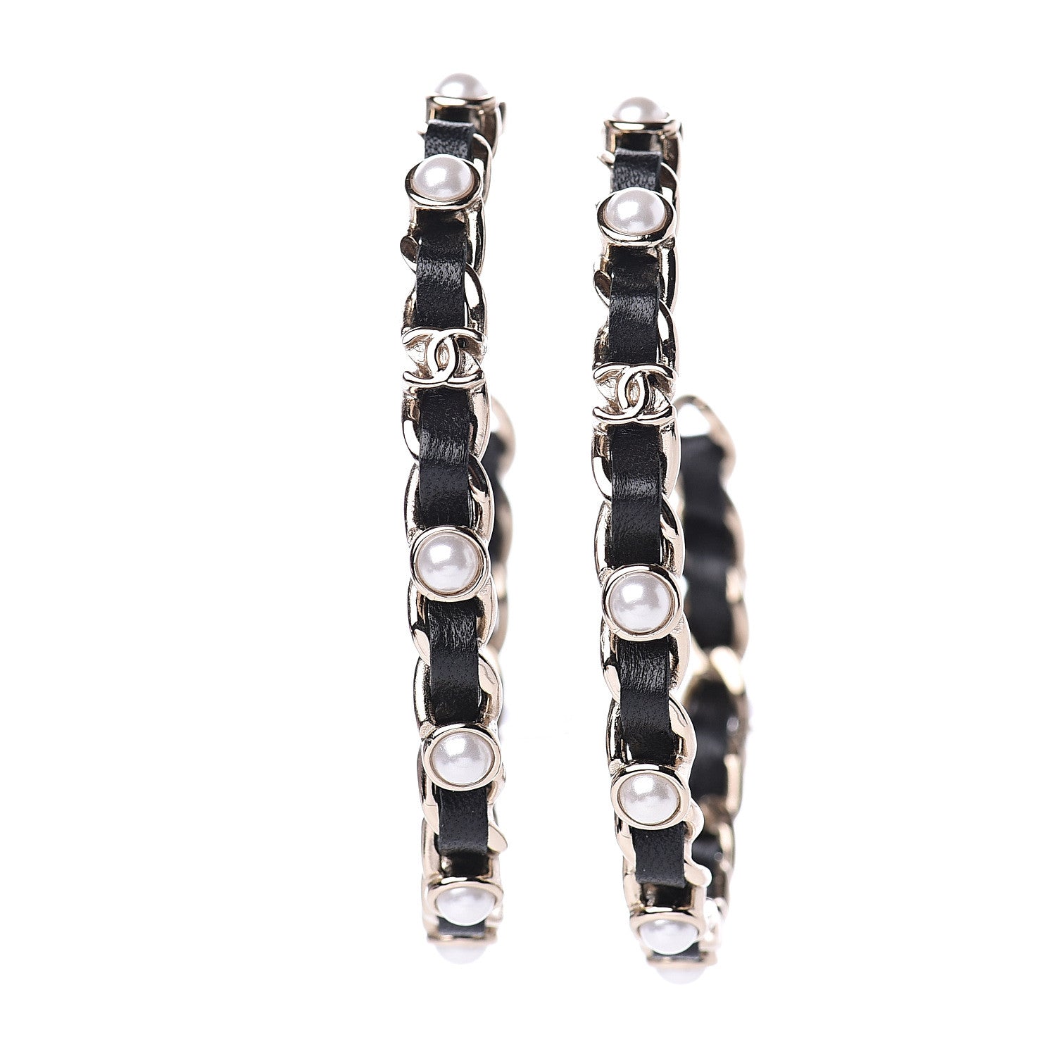 Chanel Lambskin Pearl CC Chain Hoop Earrings Gold Black 1 of 5