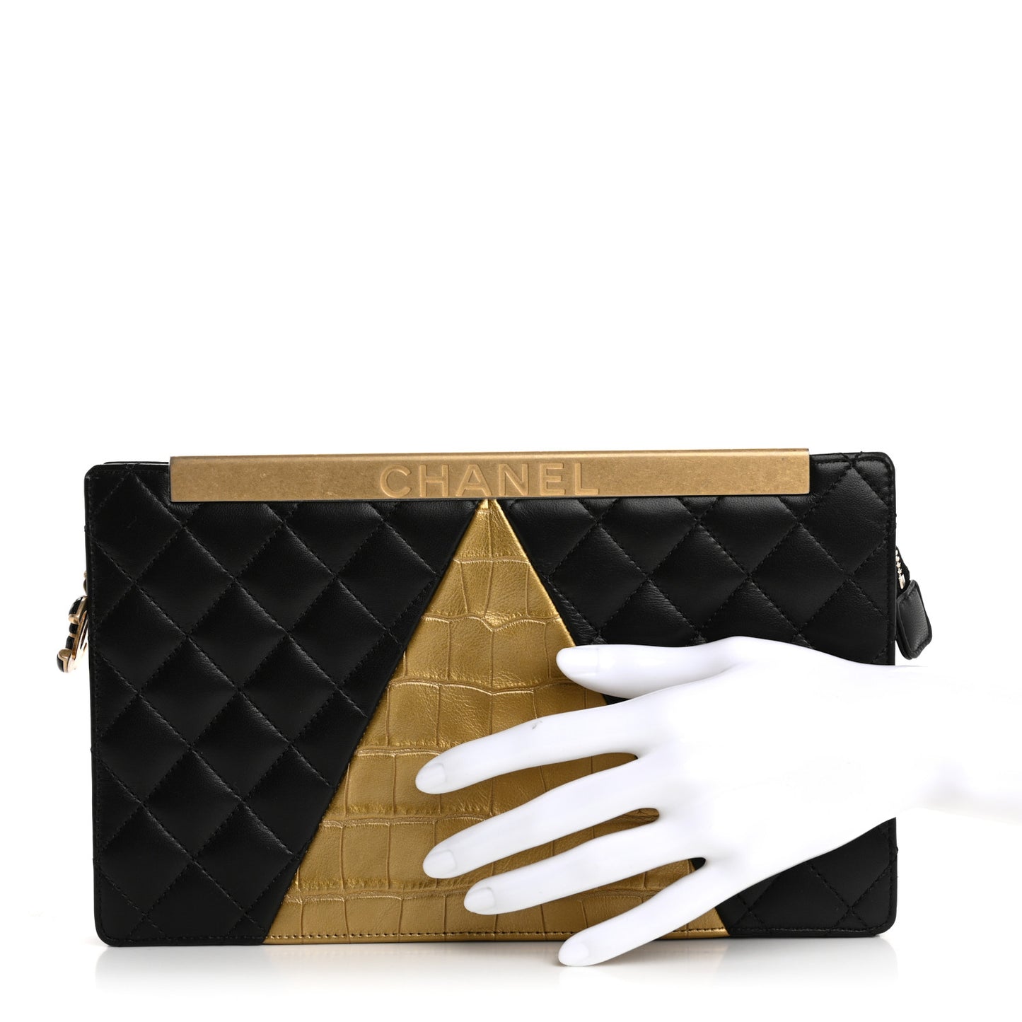 Lambskin Metallic Calfskin Crocodile Embossed Clutch Black Gold