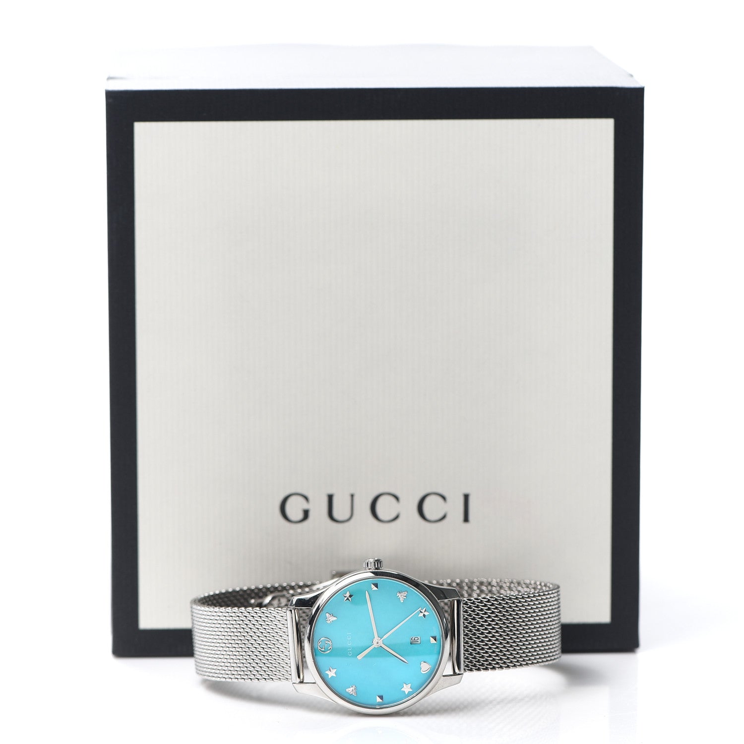 Gucci Stainless Steel Turquoise Mother of Pearl 29mm G-Timeless Charm Quartz Watch 6 of 6
