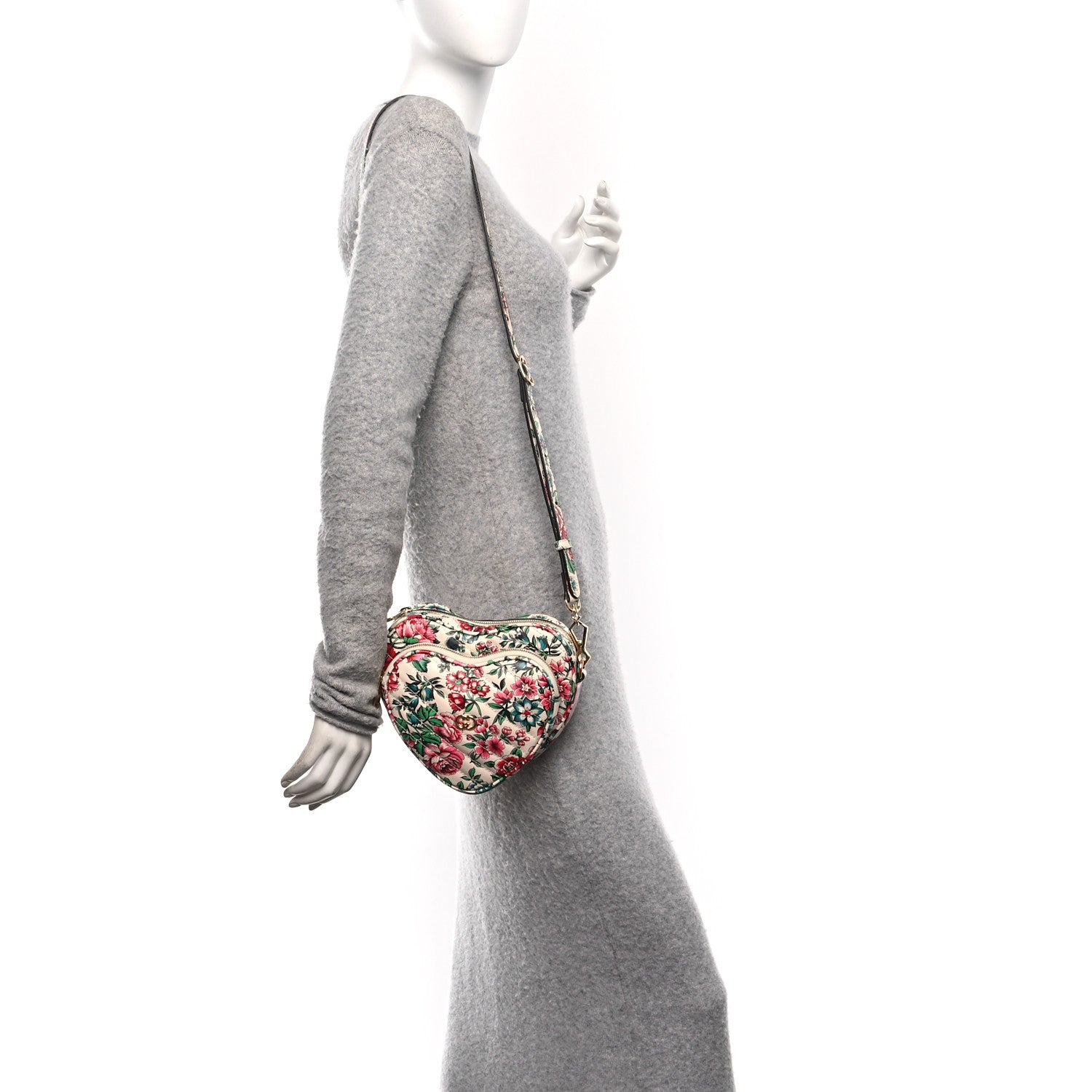 Gucci Calfskin Matelasse Diagonal Brit Roses Print Mini Interlocking G Heart Shoulder Bag  White Multicolor 2 of 9