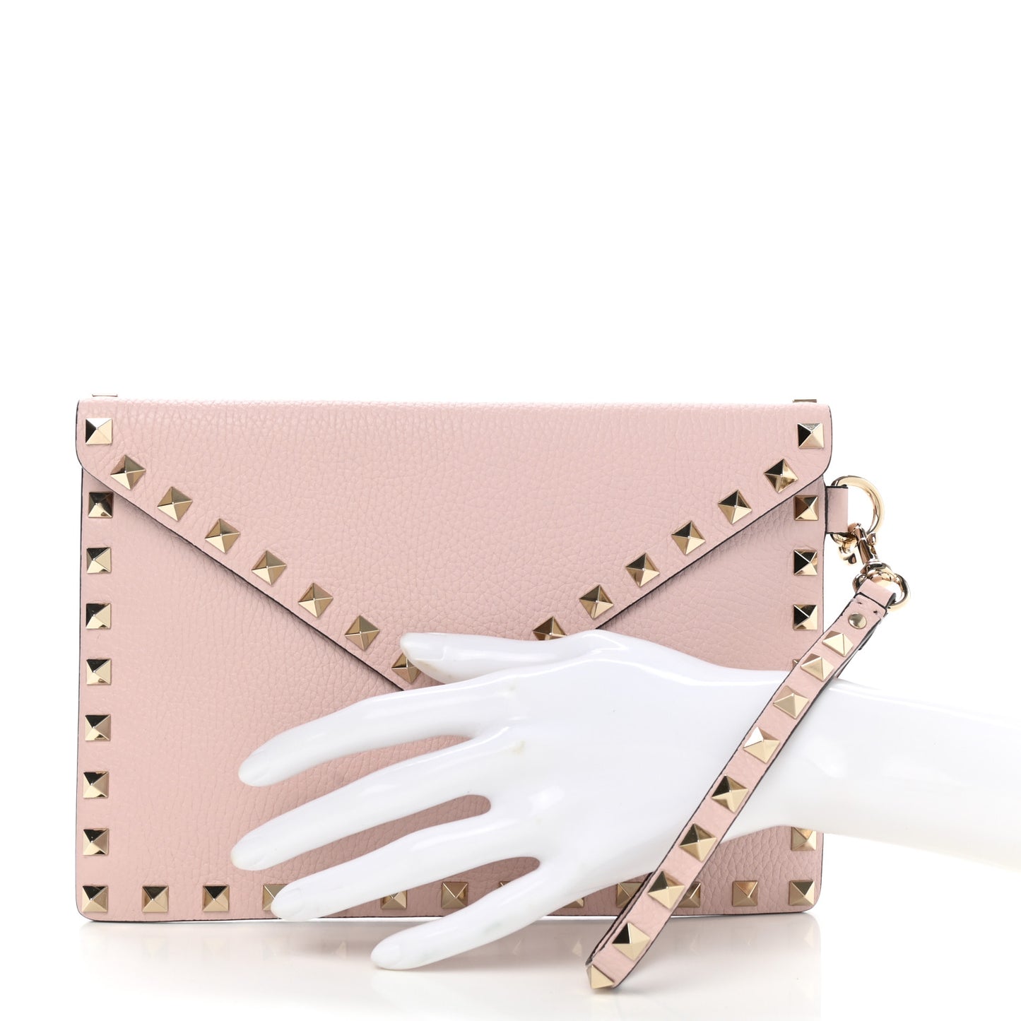 Pebbled Calfskin Medium Rockstud Envelope Flat Wristlet Pouch Water Rose