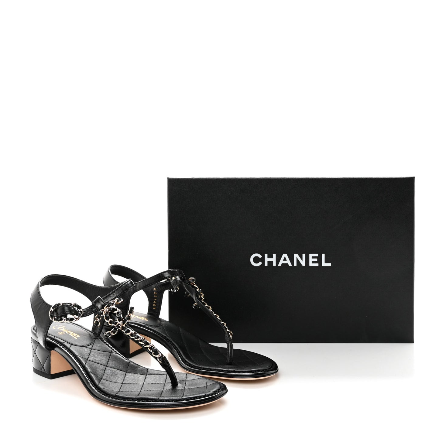 Lambskin Chain CC Thong Sandals 37.5 Black
