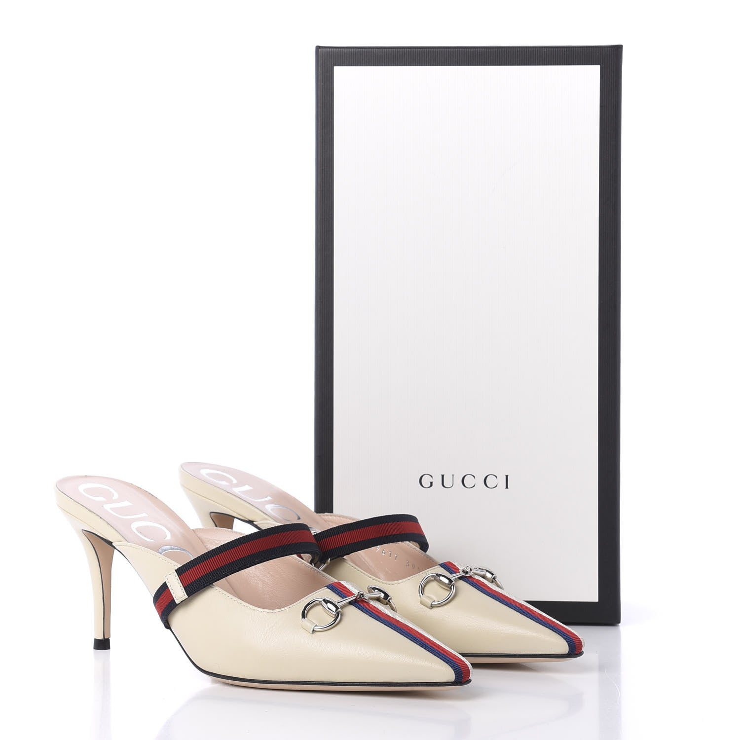 Gucci Malaga Kid Sylvie Web Cross Strap Mid-Heel Slides 39.5 Vintage White 10 of 11