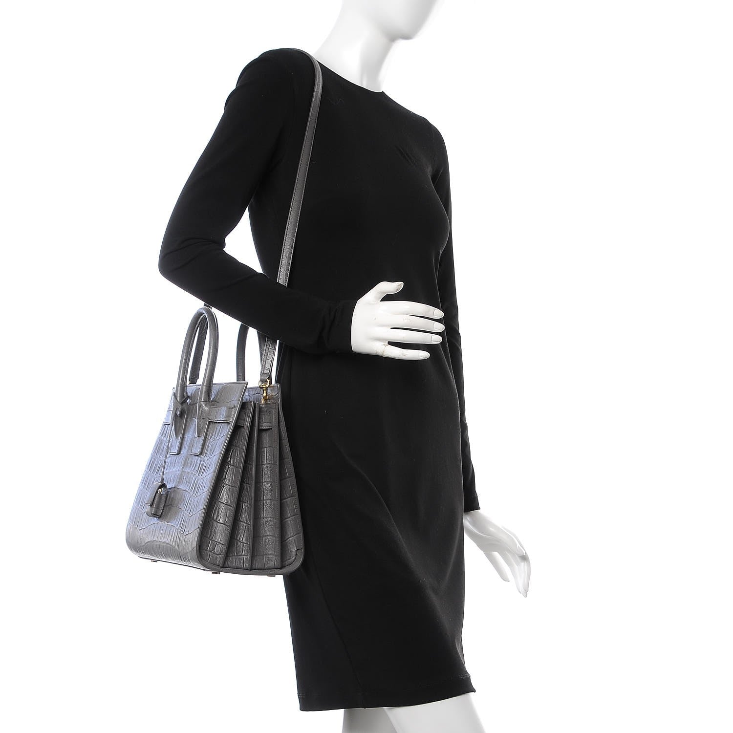 Saint Laurent Calfskin Crocodile Embossed Small Sac De Jour Fog 3 of 8