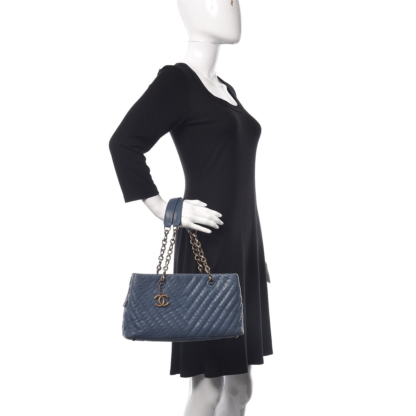 Iridescent Calfskin Chevron Quilted Surpique Tote Dark Blue