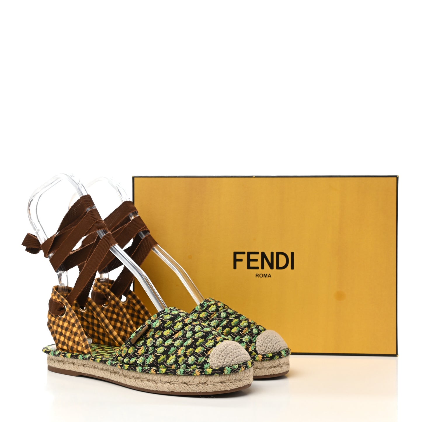 Canvas Quilted Floral Print Gingham Ankle Wrap Flat Espadrilles 36 Multicolor